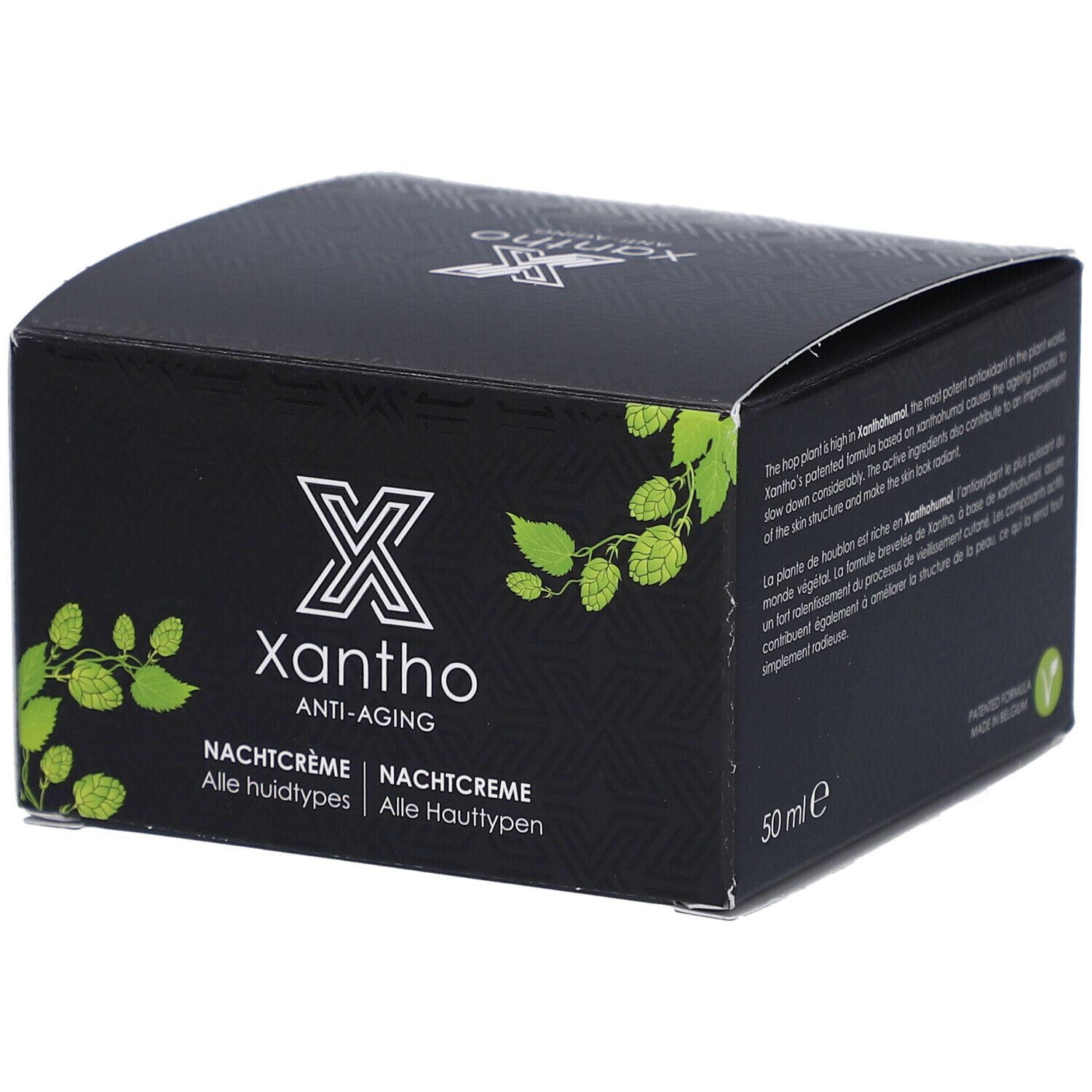 Schwarze Schachtel Xantho Anti-Aging. Aufschrift: Nachtcrème, Nachtcrème, Alle huidtypes, Alle Hauttypen. 50 ml.