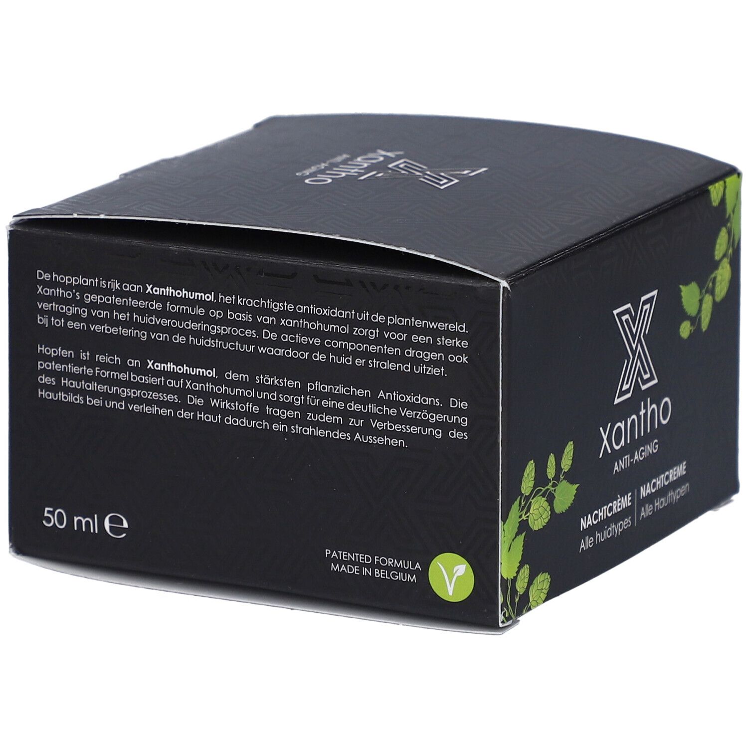 Schwarze Schachtel Xantho Anti-Aging. Text: Patented Formula, Made in Belgium. 50 ml. Enthält Text in Englisch, Französisch und Deutsch.