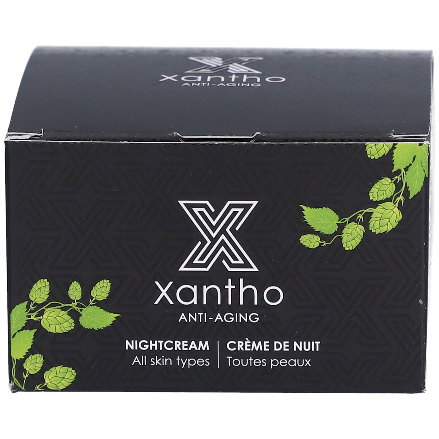 Schwarze Schachtel Xantho Anti-Aging. Aufschrift: Nightcream, Crème de Nuit, All skin types, Toutes peaux. Logo.