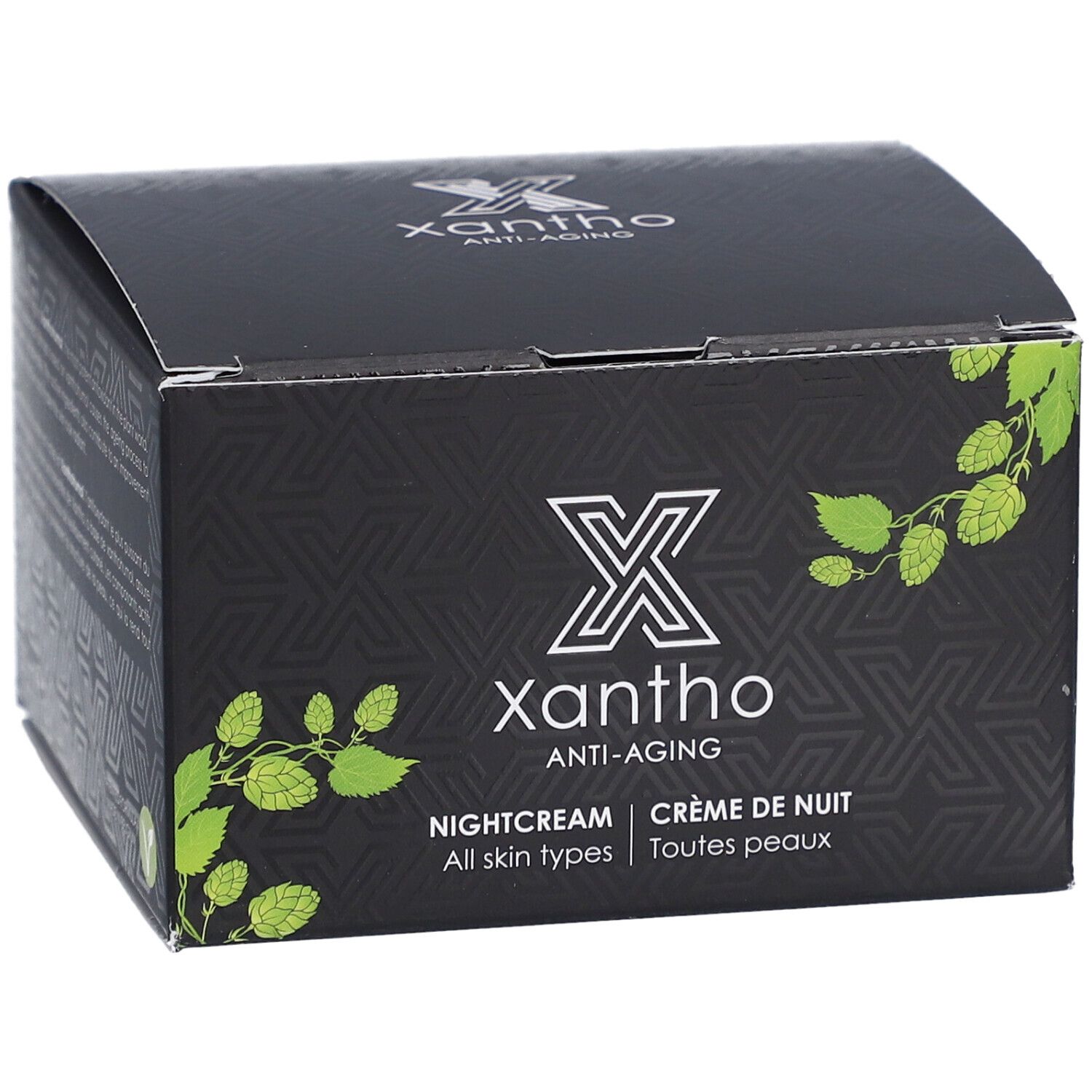 Schwarze Schachtel Xantho Anti-Aging. Aufschrift: Nightcream, Crème de Nuit, All skin types, Toutes peaux. Logo.