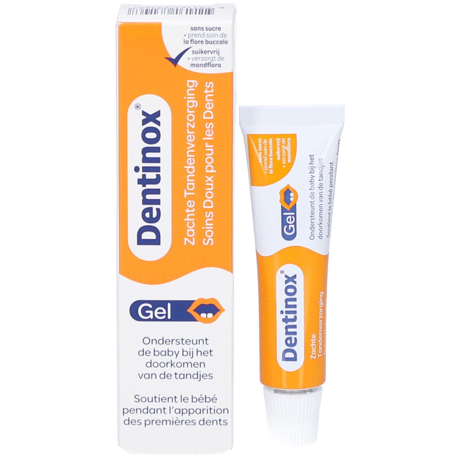 Produktverpackung und Tube. Verpackung: weiß-orange. Tube: weiß-orange. Aufschrift: Dentinox Gel.