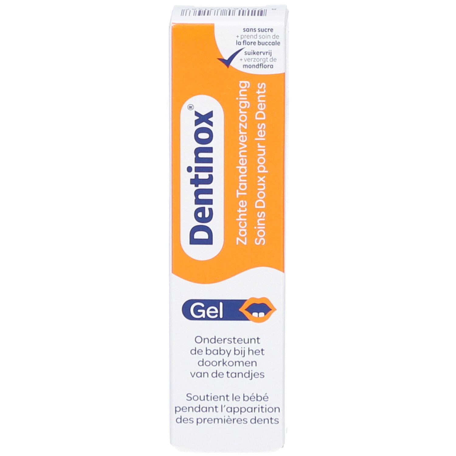 Produktverpackung, weiß-orange. Aufschrift: Dentinox, Zachte Tandenverzorging, Soins Doux pour les Dents.