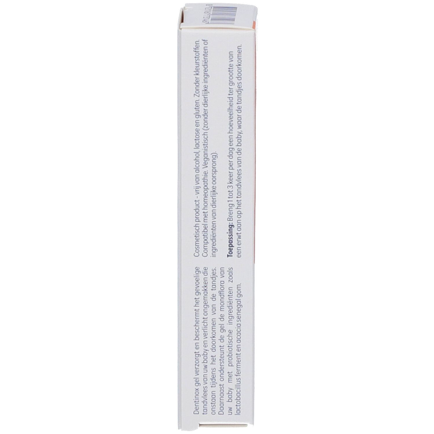 Produktverpackung, Seitenansicht. Text in Deutsch und Niederländisch. Aufschrift: Dentinox.