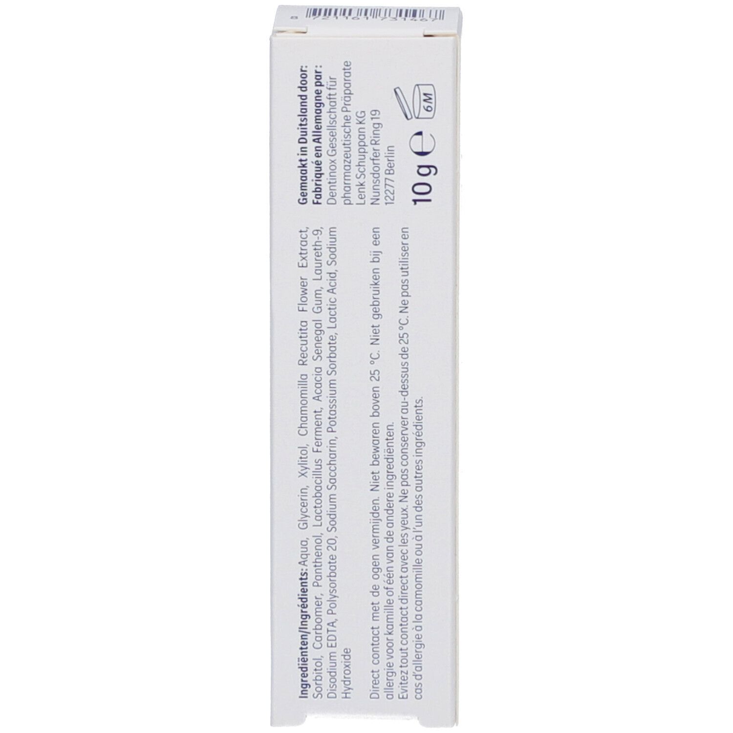 Produktverpackung, Seitenansicht. Text in Deutsch und Niederländisch. Aufschrift: 10 g.