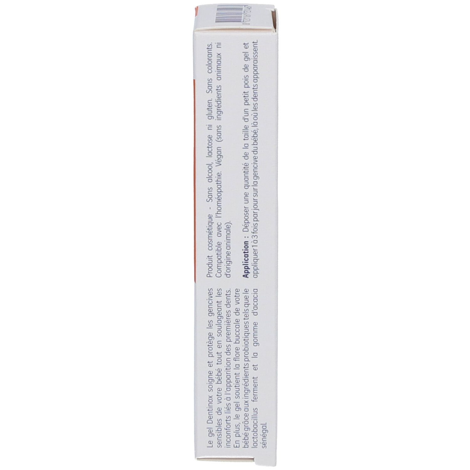 Produktverpackung, Seitenansicht. Text in Deutsch und Französisch. Aufschrift: Dentinox.