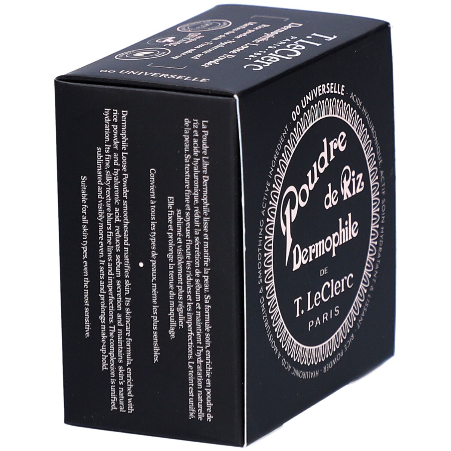 Schwarze Schachtel mit weißem Text. Produktname: Poudre de Riz Dermophile von T. LeClerc. Enthält Hyaluronsäure.