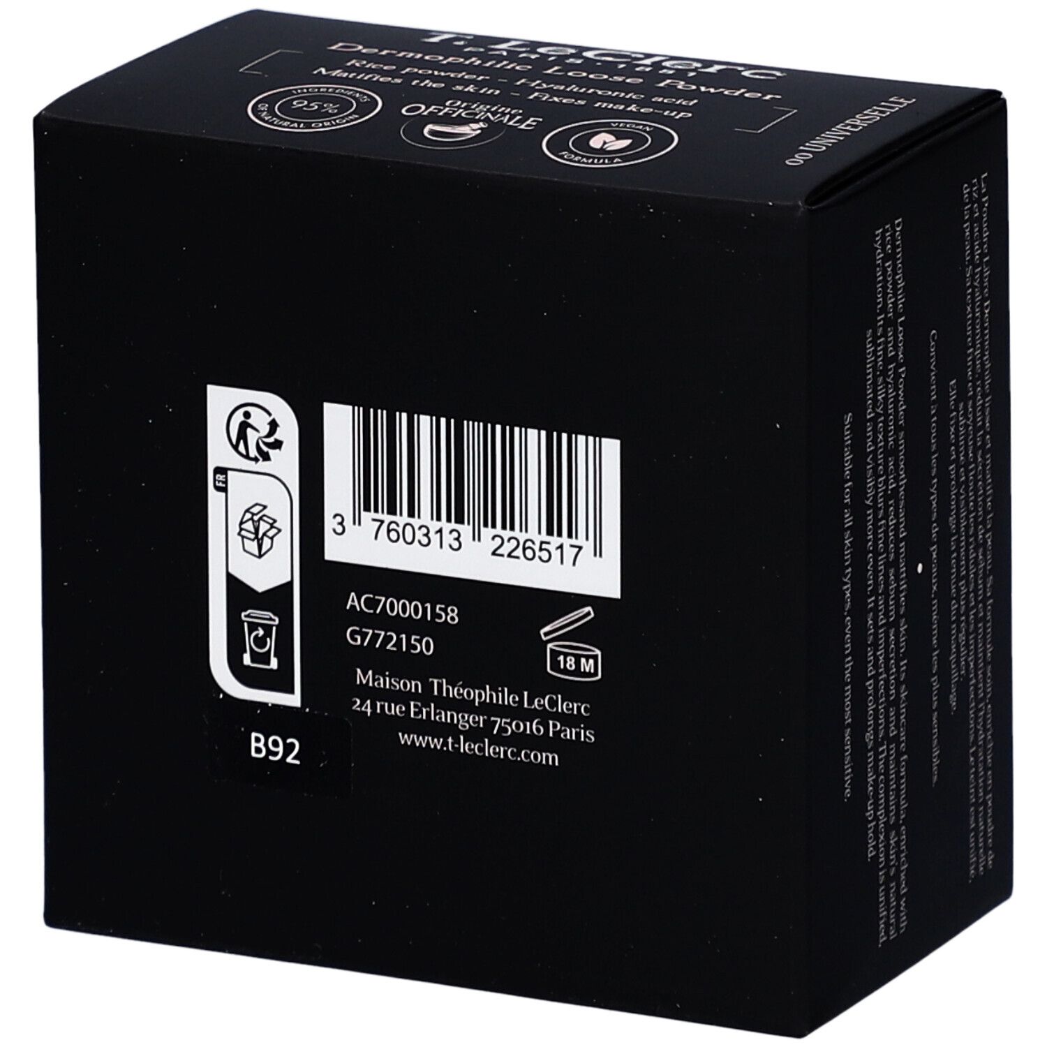 Schwarze Schachtel mit weißem Text und Barcode. Produktname: Poudre de Riz Dermophile von T. LeClerc. Hergestellt in Frankreich.