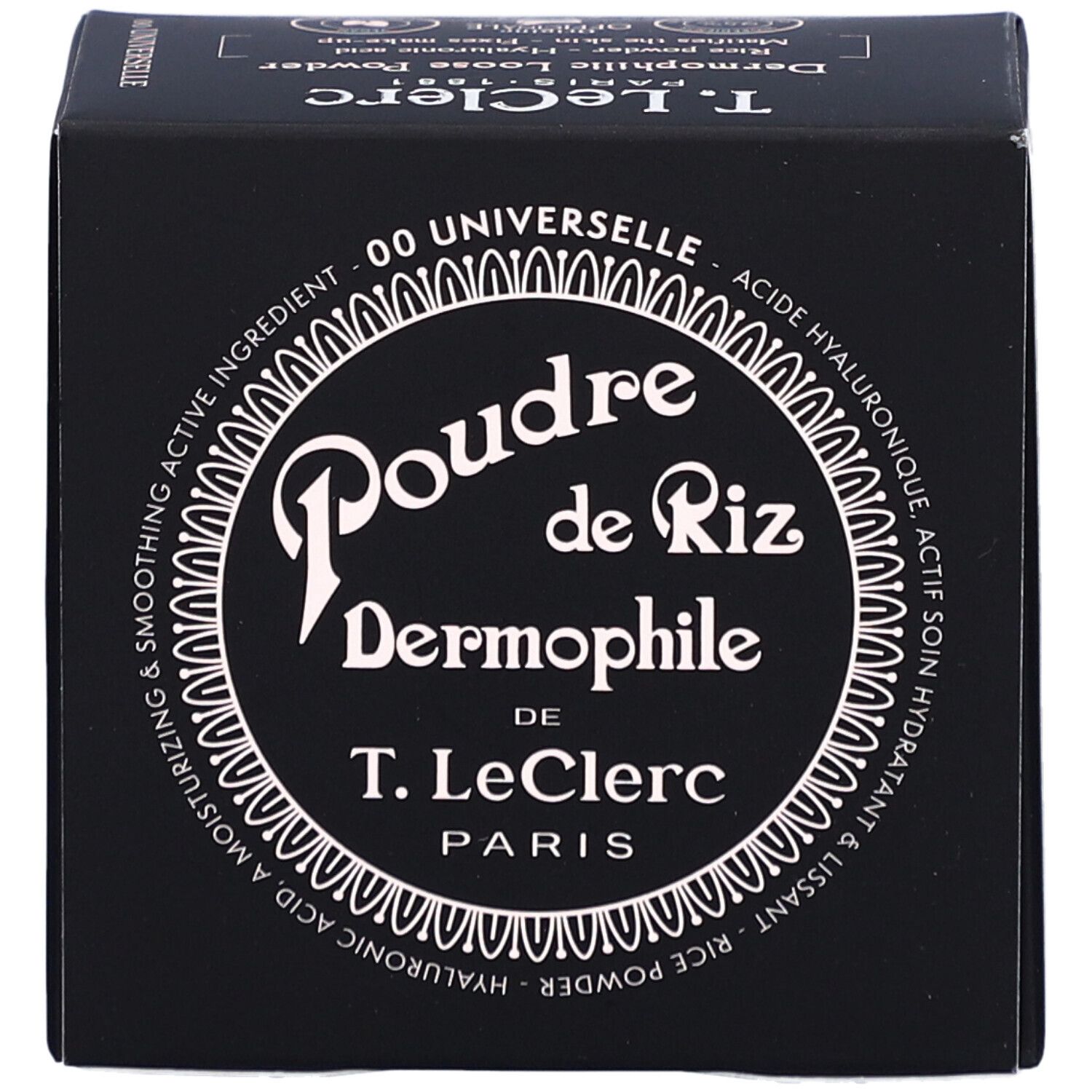 Schwarze Schachtel mit weißem Text. Produktname: Poudre de Riz Dermophile von T. LeClerc. Enthält Hyaluronsäure.