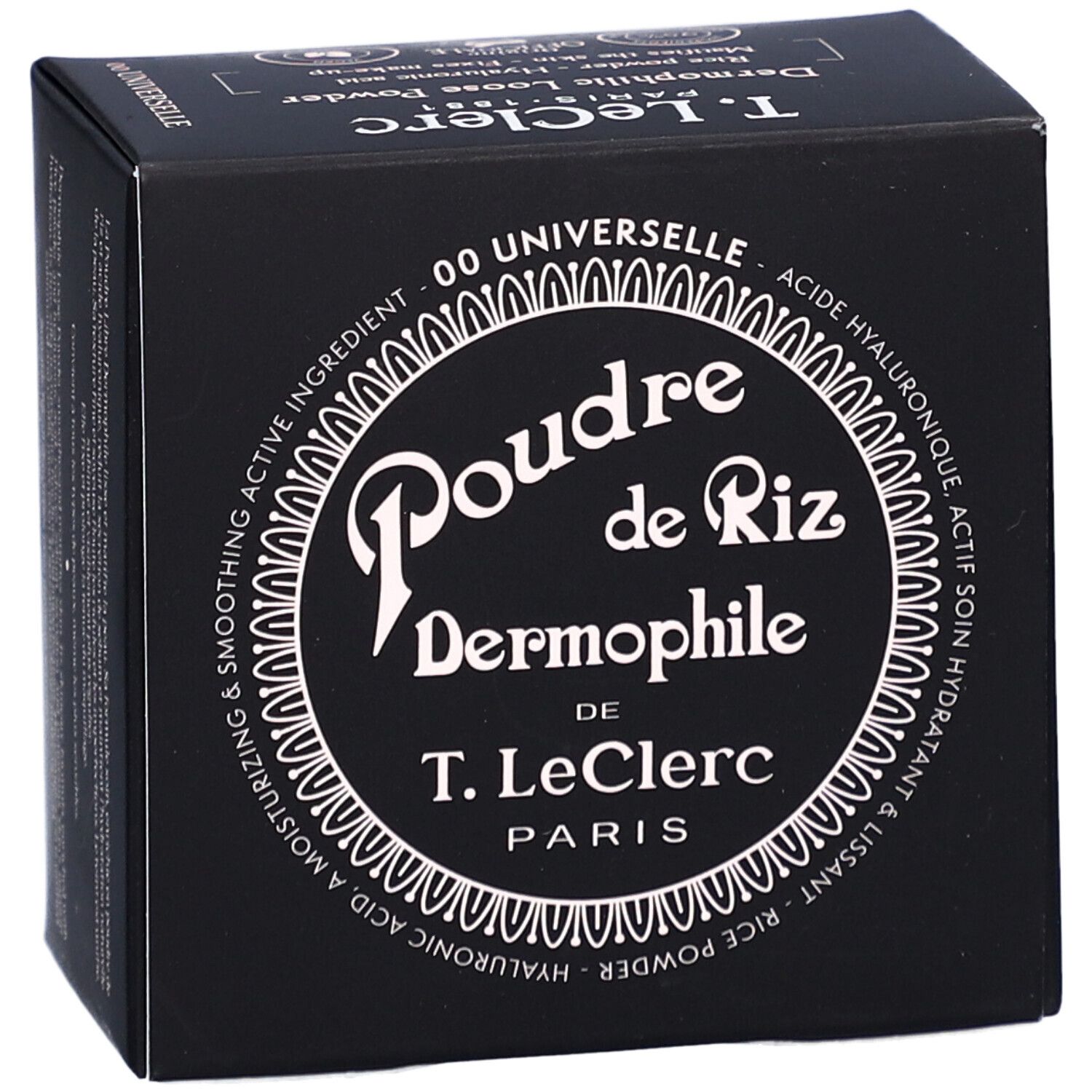Schwarze Schachtel mit weißem Text. Produktname: Poudre de Riz Dermophile von T. LeClerc. Enthält Hyaluronsäure.