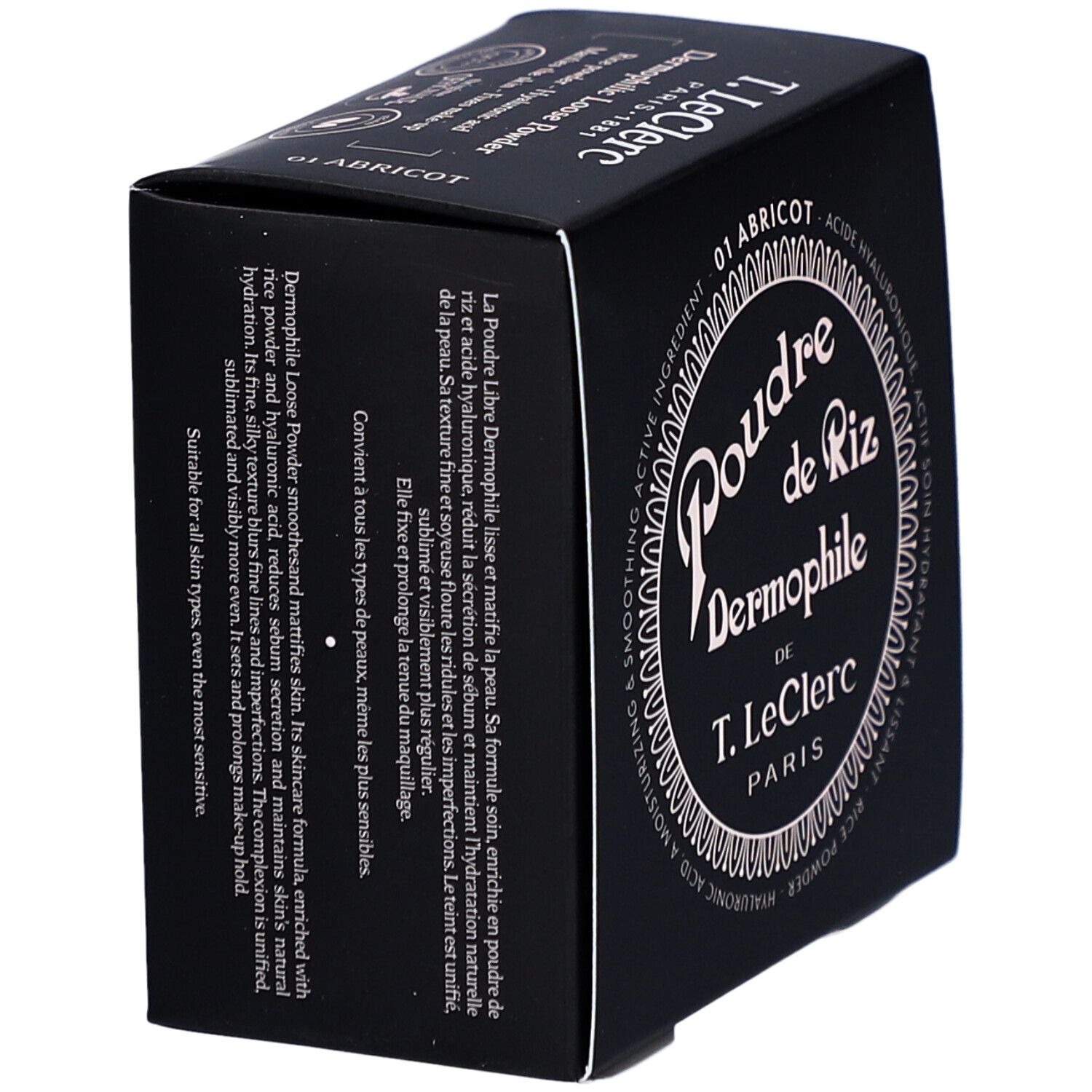 Schwarze Kosmetikbox mit weißem Text. Aufschrift: Poudre de Riz Dermophile de T. LeClerc Paris. Farbe: 01 Abricot.