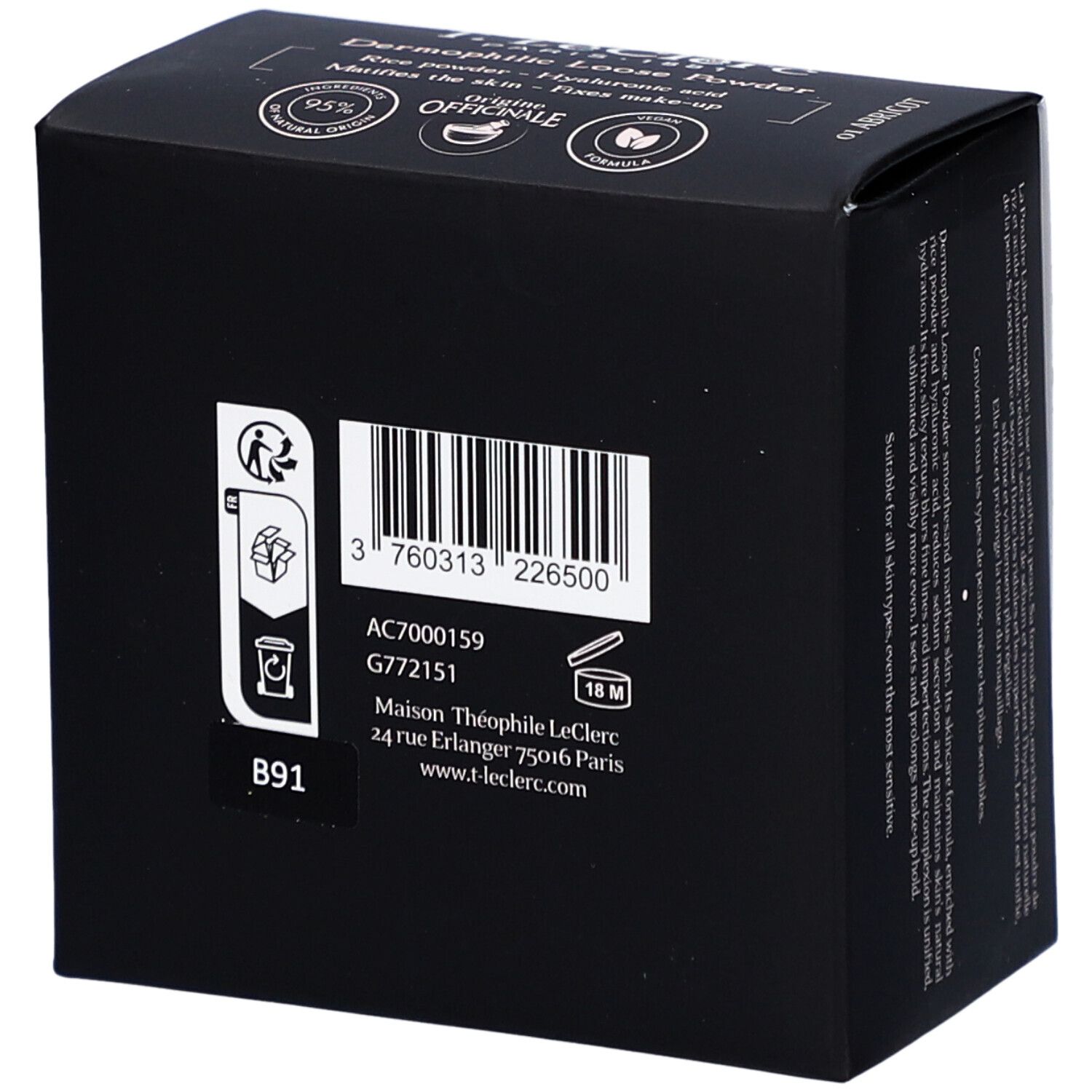 Rückseite einer schwarzen Kosmetikbox. Text und Barcode. Aufschrift: Poudre de Riz Dermophile de T. LeClerc Paris.