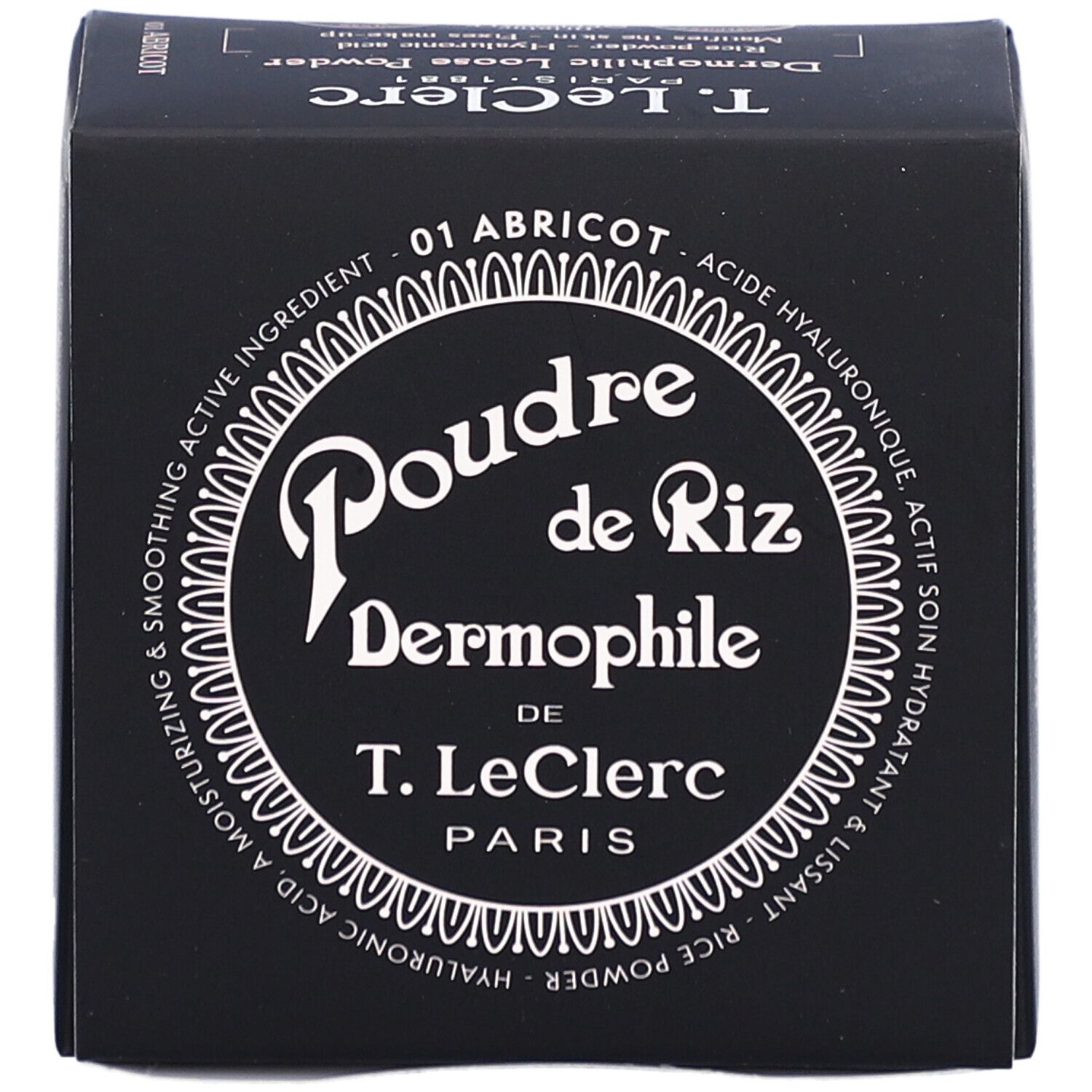 Schwarze Kosmetikbox mit weißem Text. Aufschrift: Poudre de Riz Dermophile de T. LeClerc Paris. Farbe: 01 Abricot.