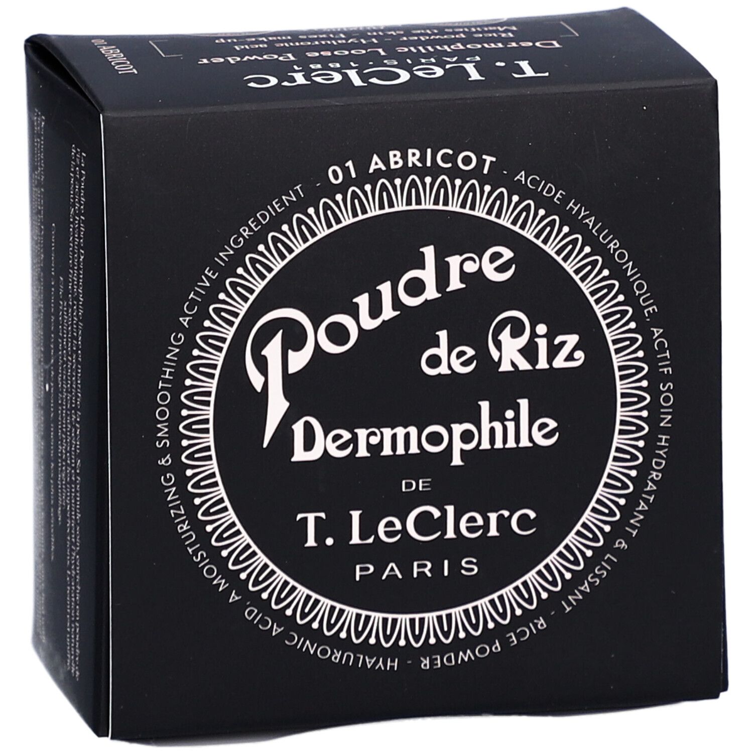 Schwarze Kosmetikbox mit weißem Text. Aufschrift: Poudre de Riz Dermophile de T. LeClerc Paris. Farbe: 01 Abricot.