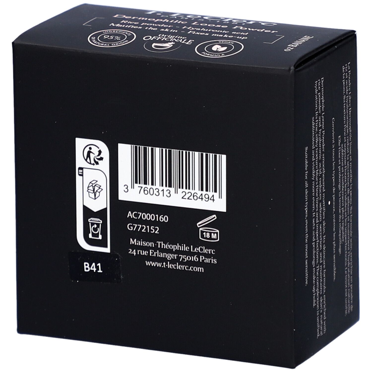 Rückseite der schwarzen Verpackung. Barcode, Text und Logos. Hergestellt in Frankreich. Adresse: Maison Théophile LeClerc.