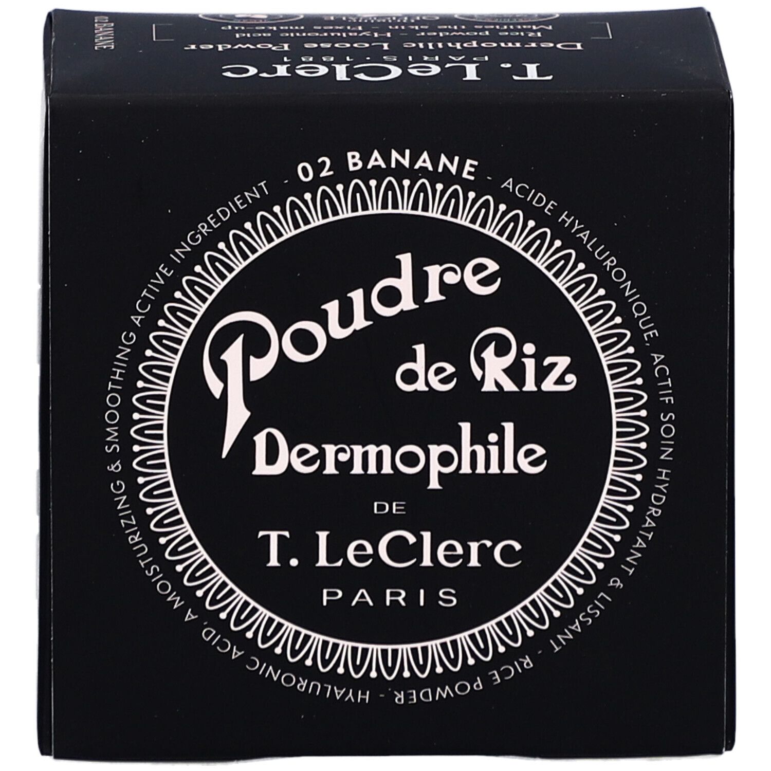 Schwarze Verpackung. Text: Poudre de Riz Dermophile, T. LeClerc, 02 Banane. Produktinformationen.