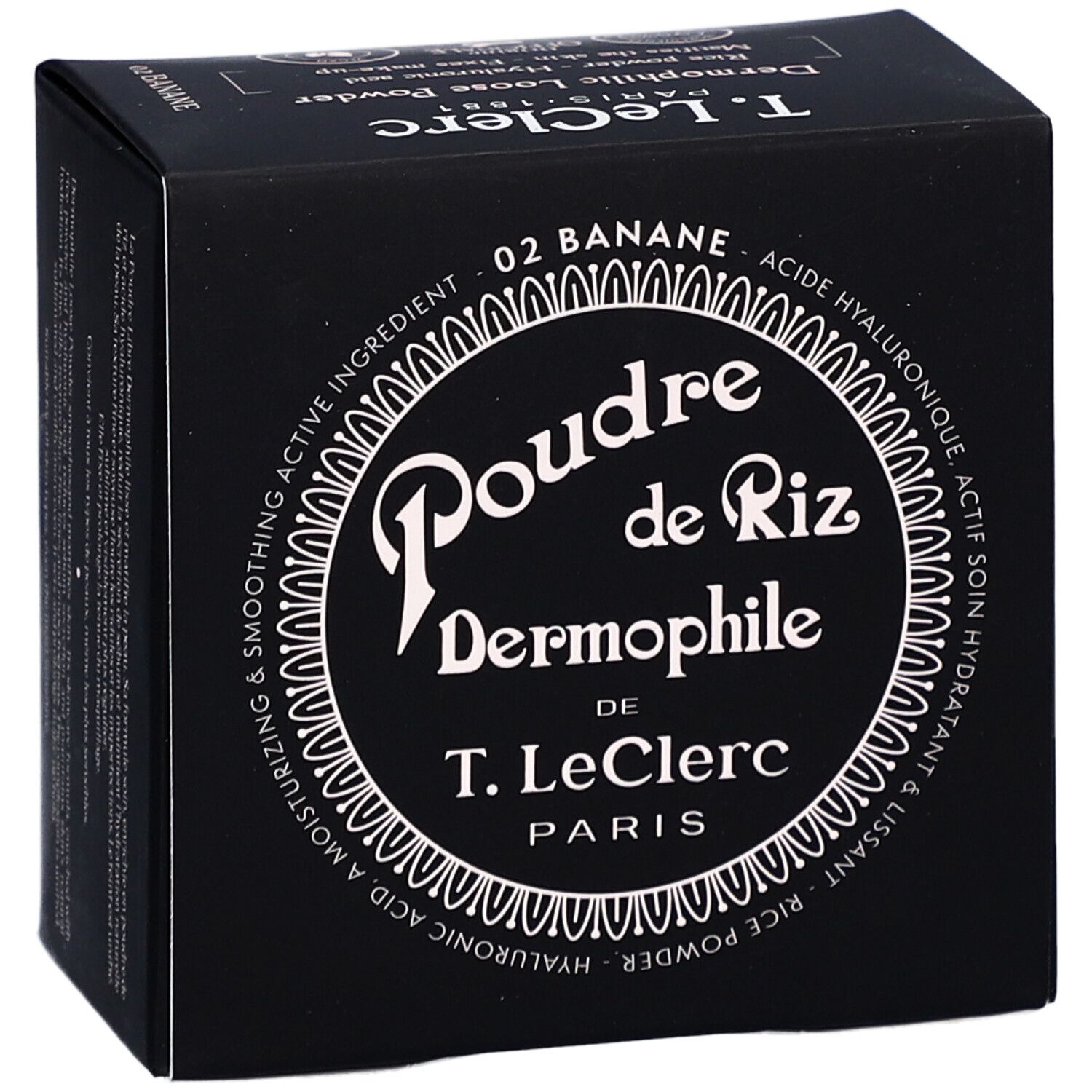 Schwarze Verpackung. Text: Poudre de Riz Dermophile, T. LeClerc, 02 Banane. Produktinformationen.
