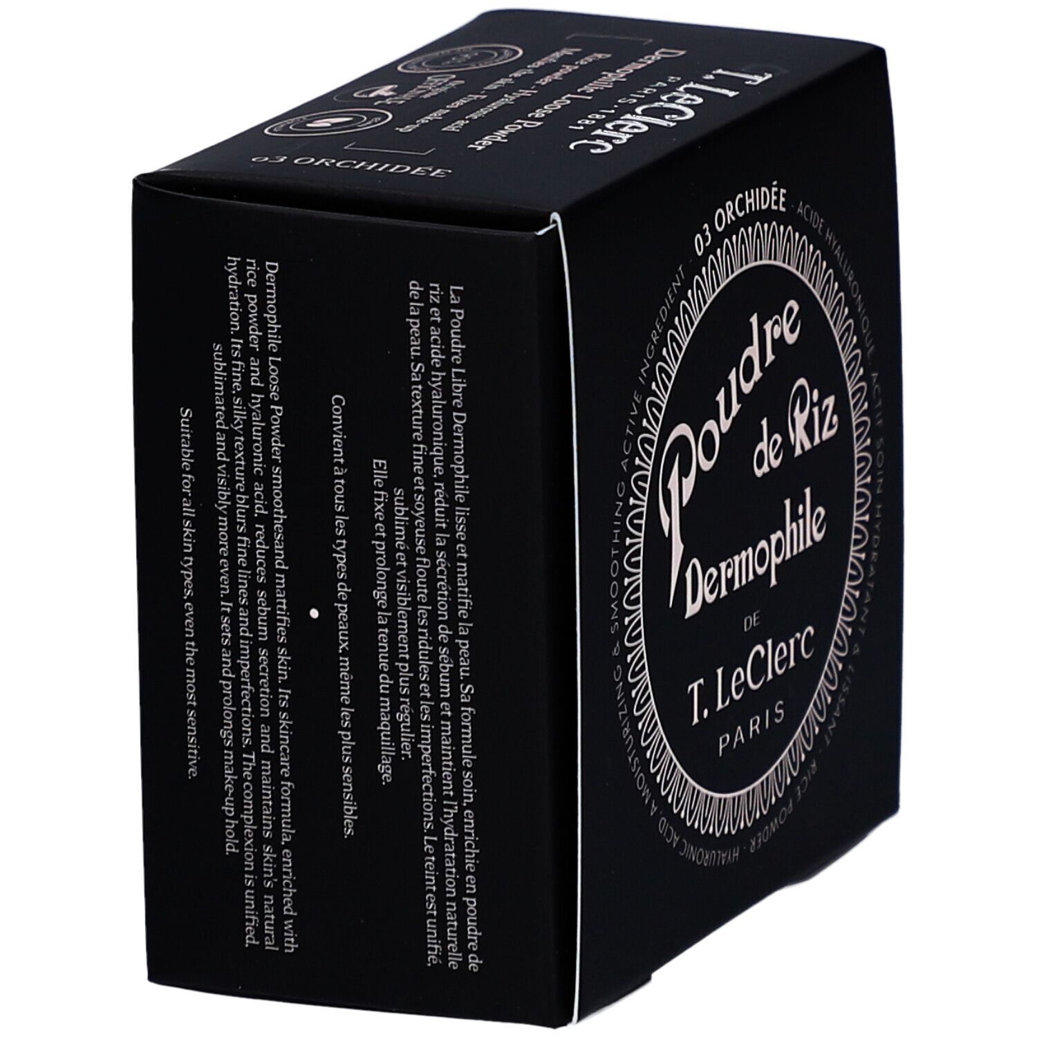 Schwarze Kosmetikbox mit weißem Text. Aufschrift: Poudre de Riz Dermophile de T. LeClerc Paris. Farbton: 03 Orchidee.