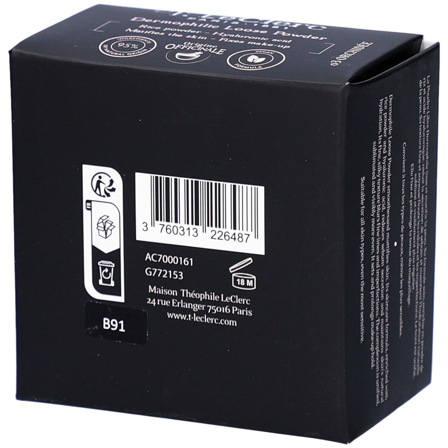 Schwarze Kosmetikbox mit weißem Text. Aufschrift: Poudre de Riz Dermophile de T. LeClerc Paris. Farbton: 03 Orchidee. Rückseite mit Text.