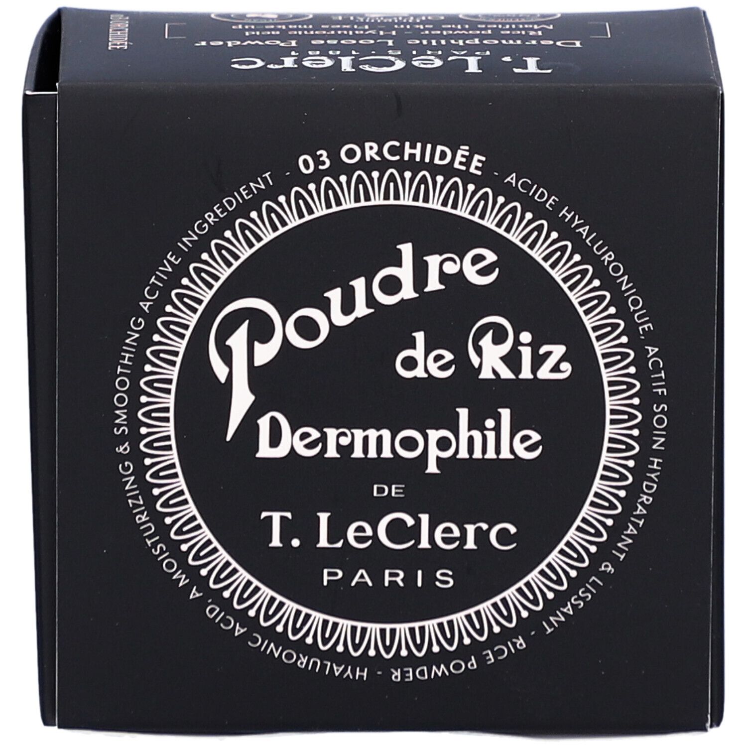 Schwarze Kosmetikbox mit weißem Text. Aufschrift: Poudre de Riz Dermophile de T. LeClerc Paris. Farbton: 03 Orchidee.