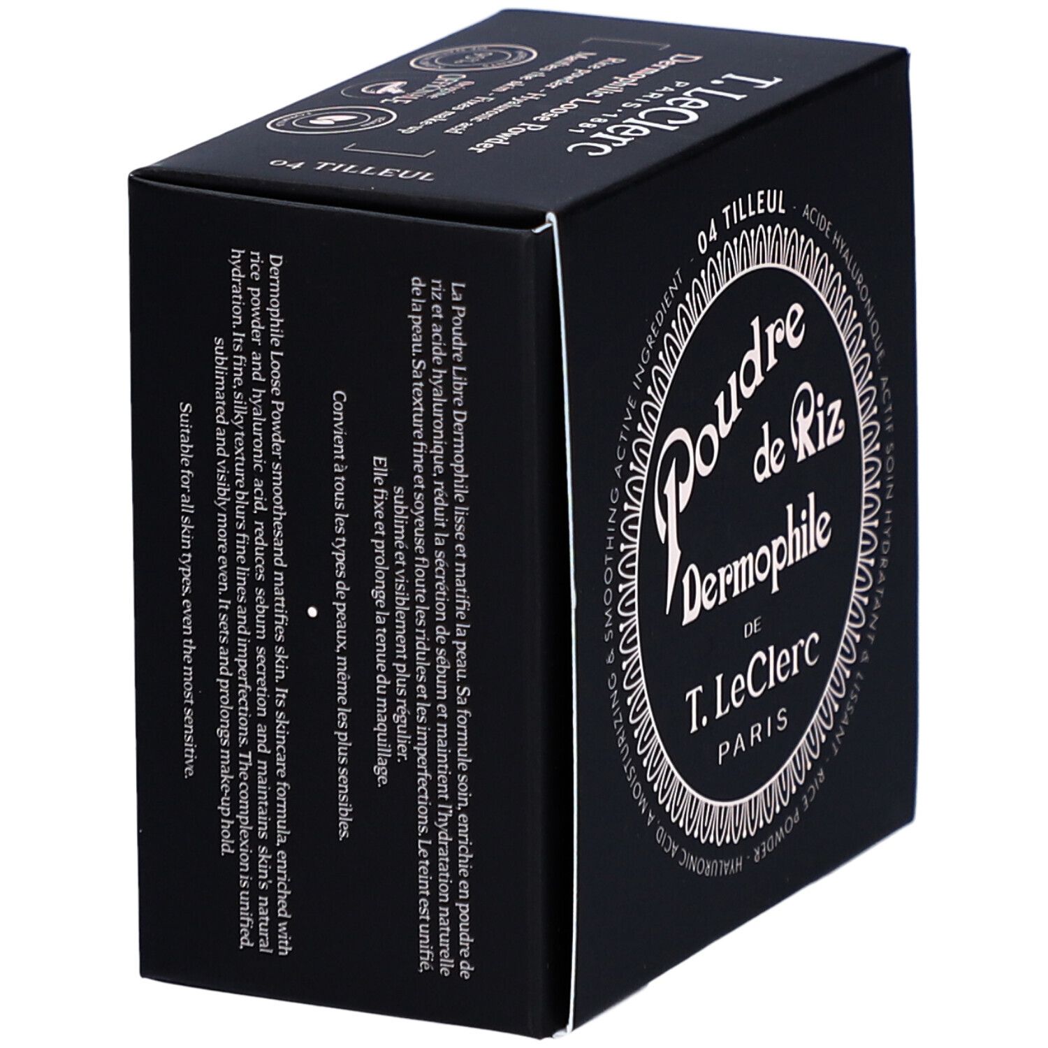 Schwarze Verpackung, Produktname: Poudre de Riz Dermophile von T. LeClerc. Farbton: 04 Tilleul. Text über Inhaltsstoffe und Anwendung.