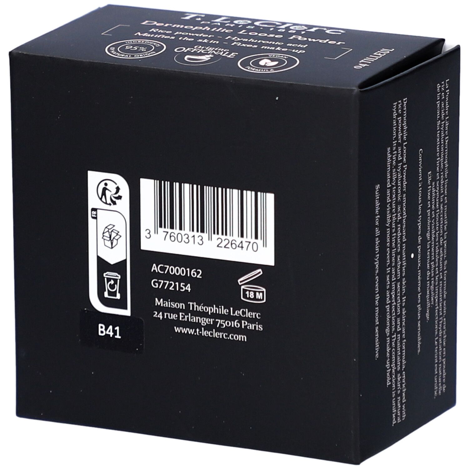 Rückseite der schwarzen Verpackung. Barcode, Chargennummer, Adresse von Maison Théophile LeClerc. Haltbarkeit: 18M.