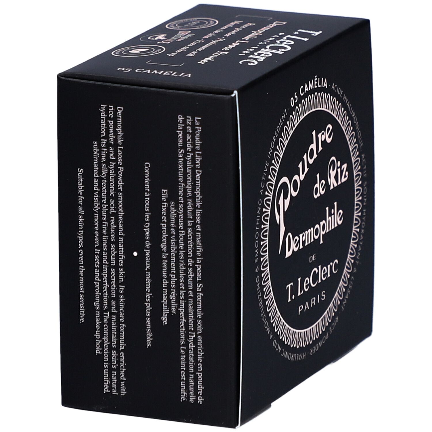 Schwarze Kosmetikbox mit weißem Text. Aufschrift: Poudre de Riz Dermophile, 05 Camelia. Marke T. LeClerc Paris.