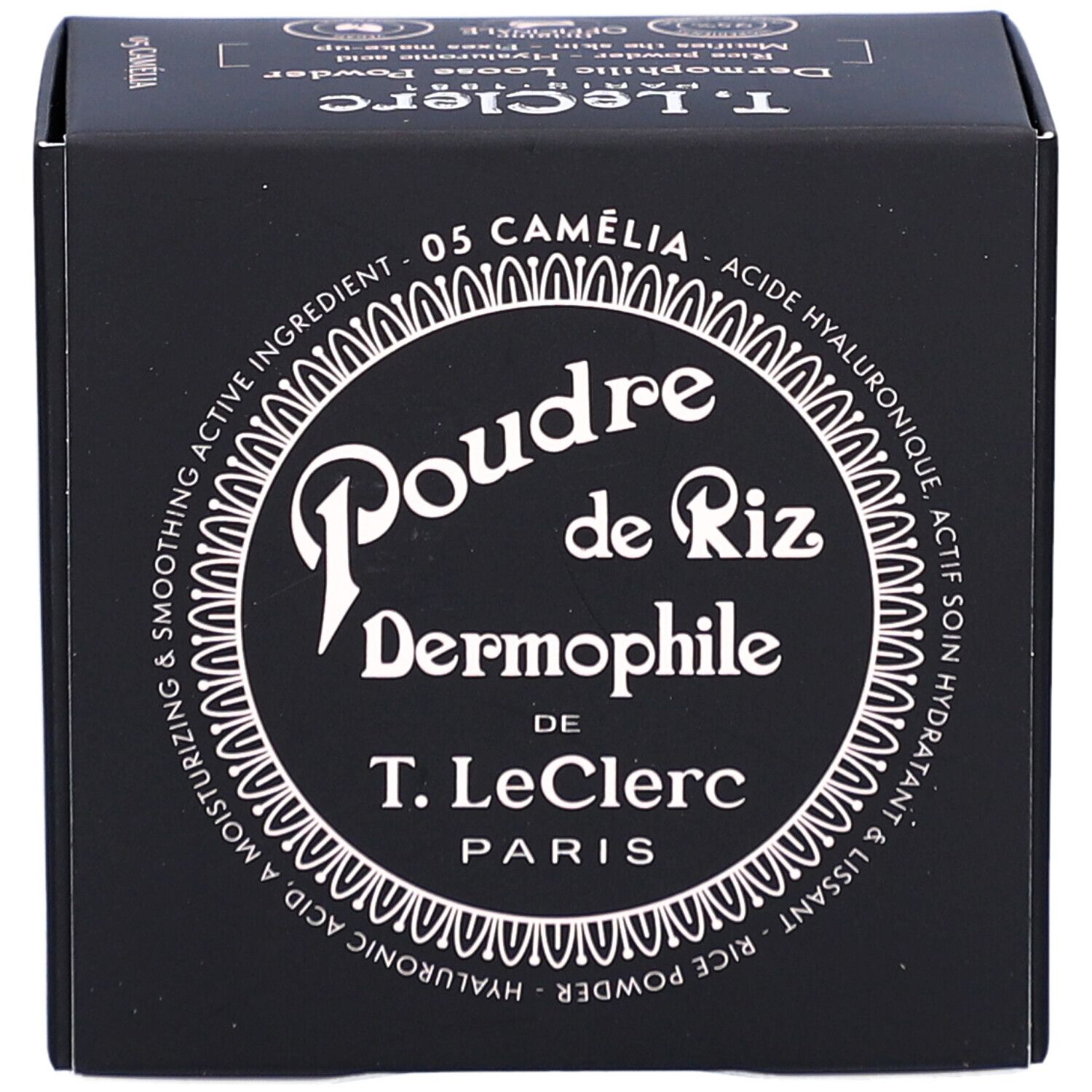 Schwarze Kosmetikbox mit weißem Text. Aufschrift: Poudre de Riz Dermophile, 05 Camelia. Marke T. LeClerc Paris.