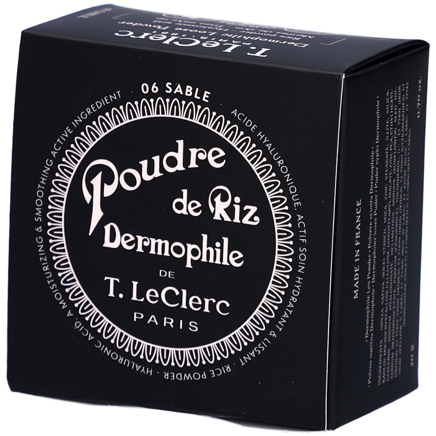 Schwarze Verpackung von T.LeClerc Poudre Libre 06 Sable. Text und Logo in Weiß. Eckige Form.
