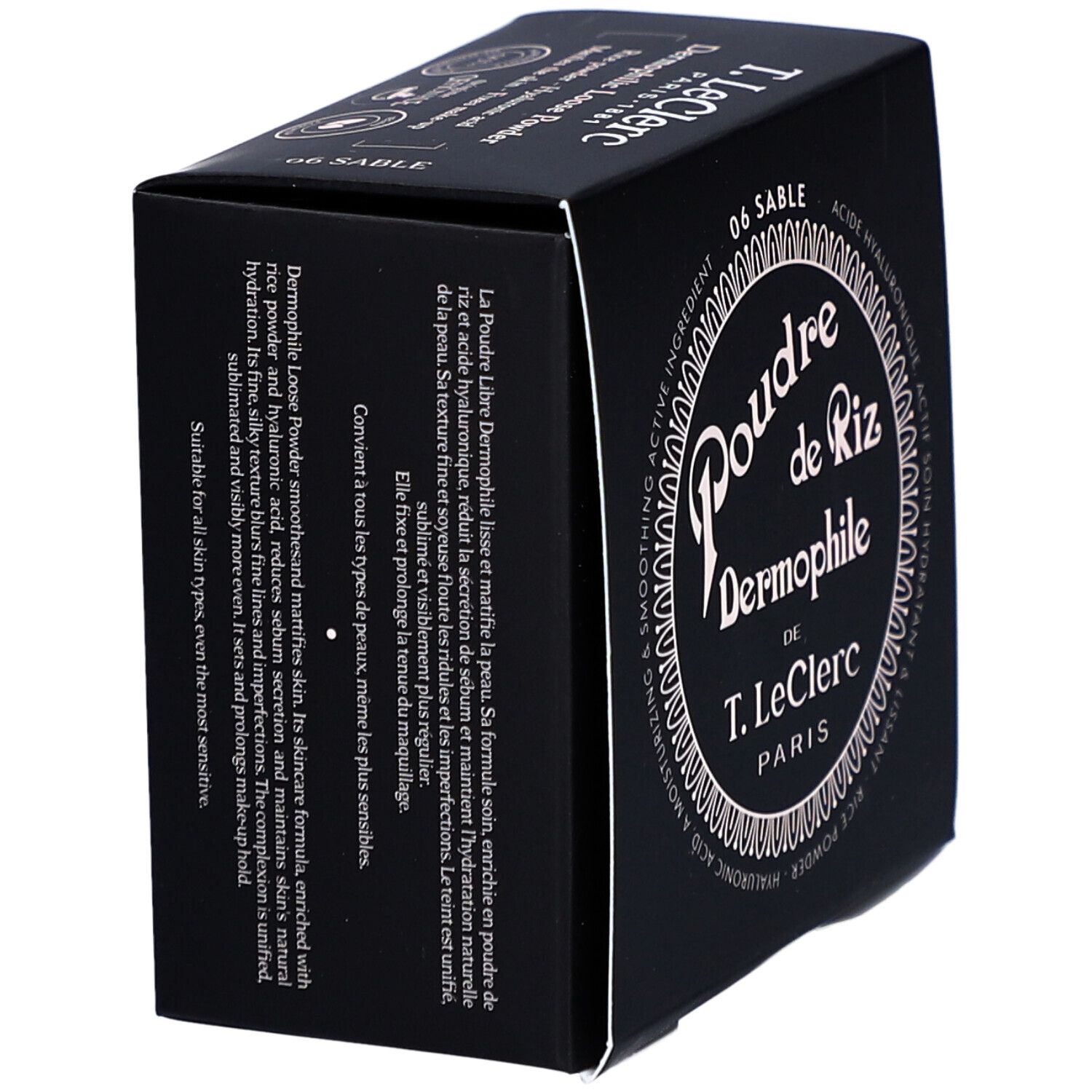 Schwarze Verpackung von T.LeClerc Poudre Libre 06 Sable. Text und Logo in Weiß. Eckige Form.