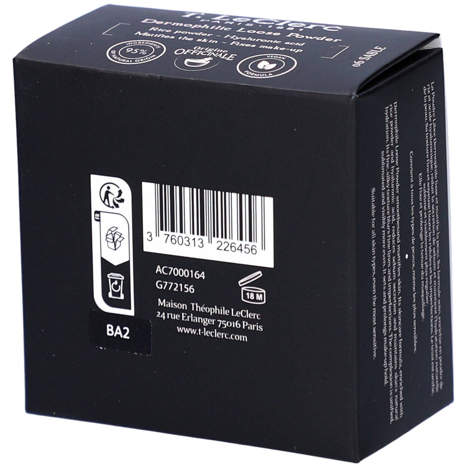 Schwarze Verpackung von T.LeClerc Poudre Libre 06 Sable. Barcode, Text und Logos. Eckige Form.