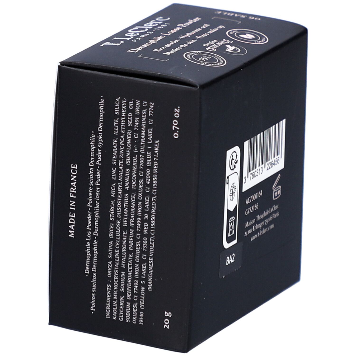 Schwarze Verpackung von T.LeClerc Poudre Libre 06 Sable. Text, Barcode und Inhaltsstoffe. Eckige Form.