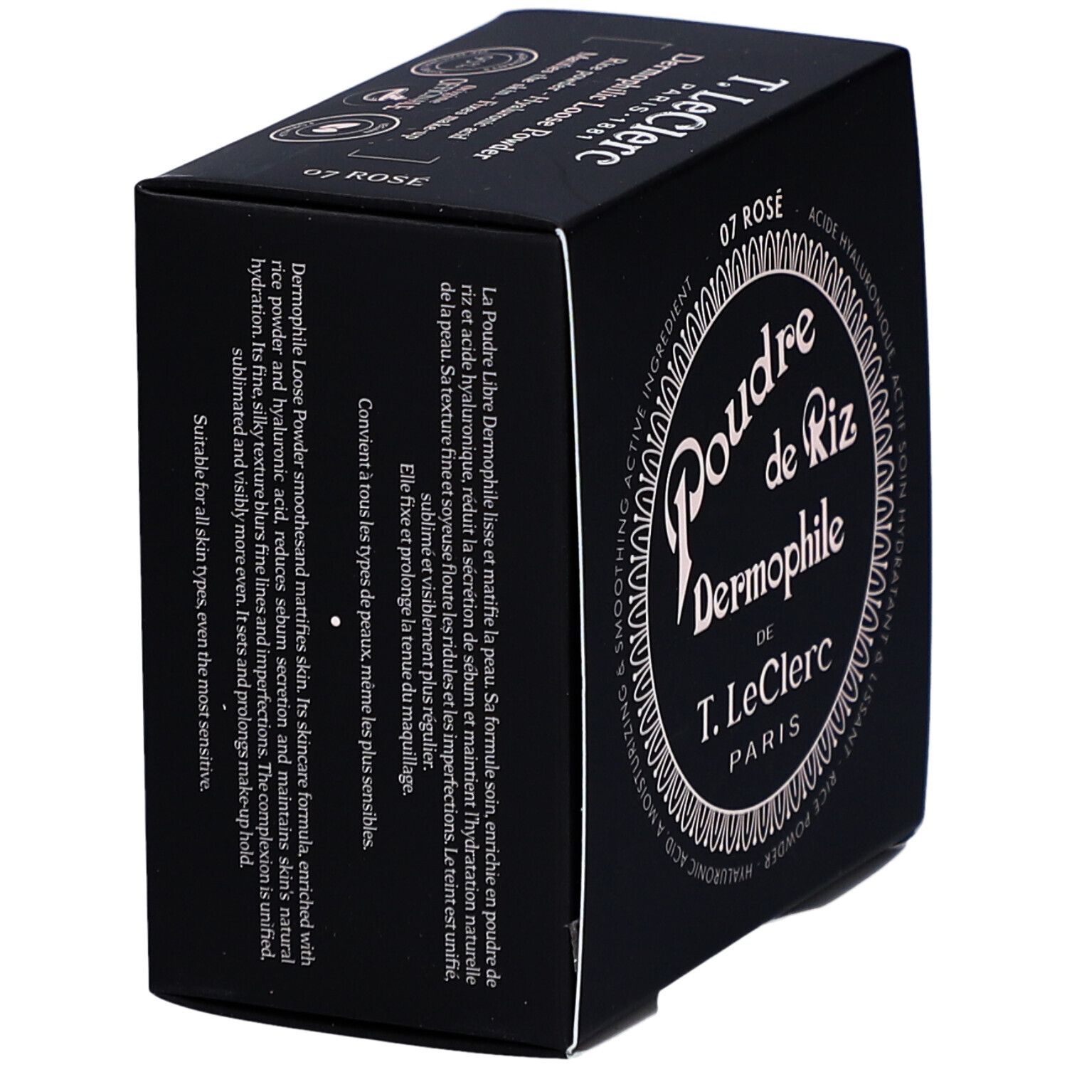 Schwarze Kosmetikbox, Seitenansicht, mit Text "Poudre de Riz Dermophile" und "07 Rose".