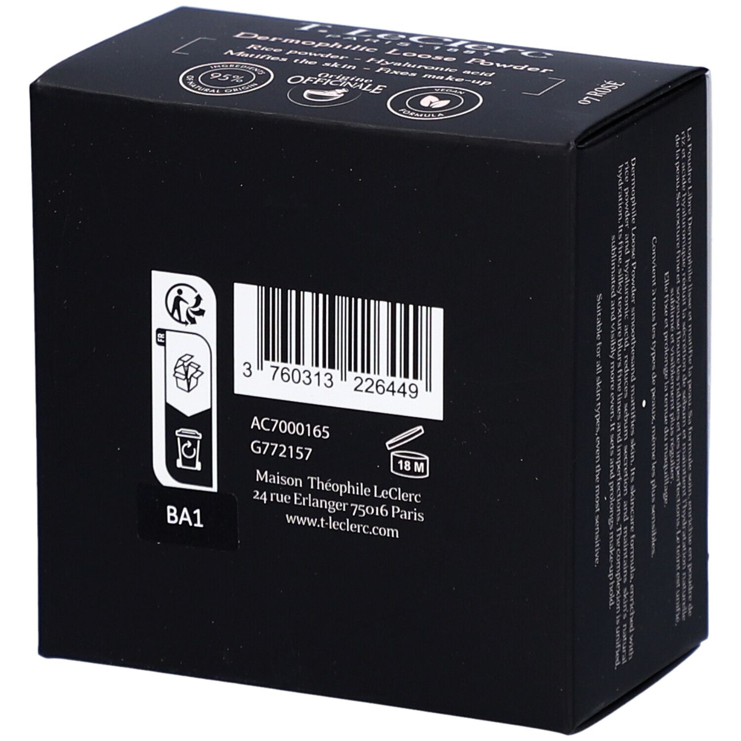 Rückseite einer schwarzen Kosmetikbox mit Barcode und Text.