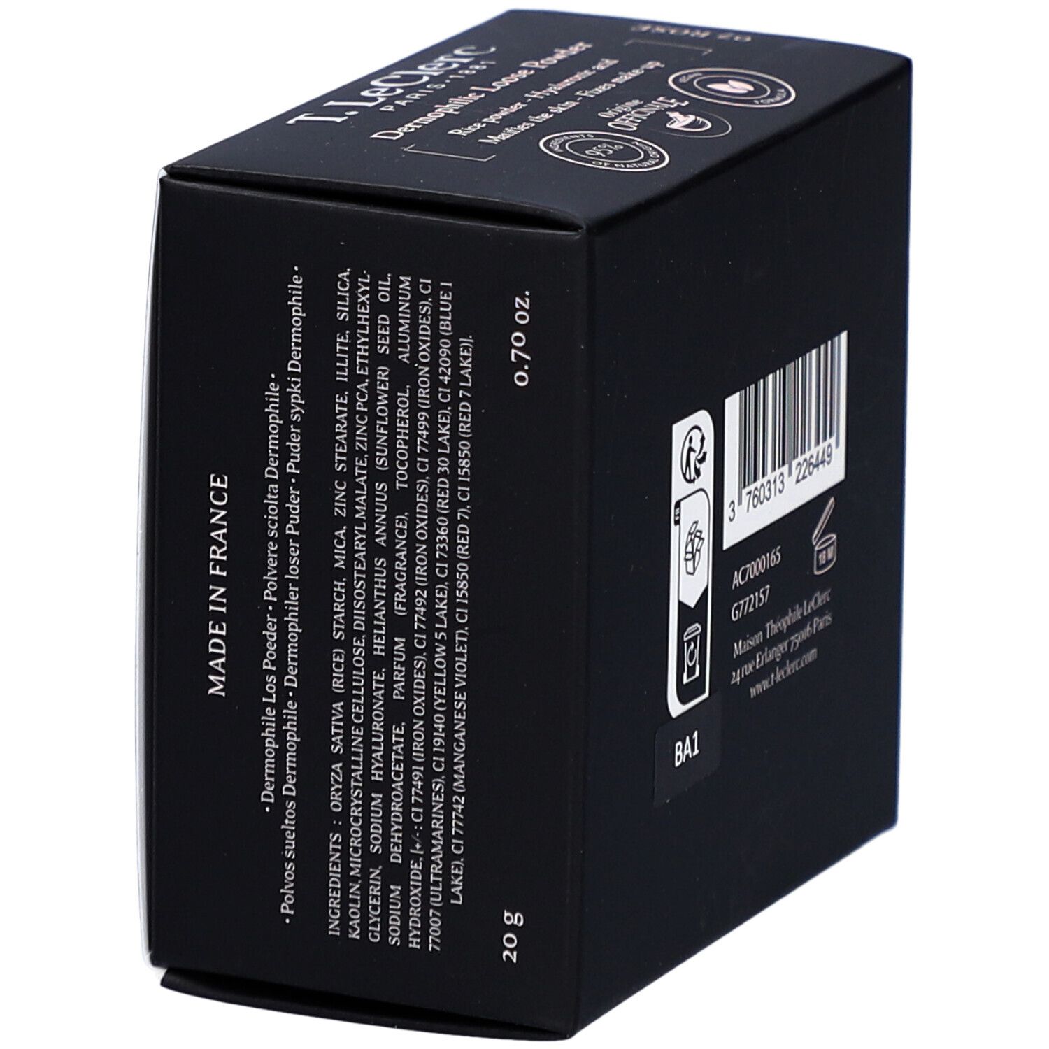 Seitenansicht einer schwarzen Kosmetikbox mit Inhaltsstoffen und Text.