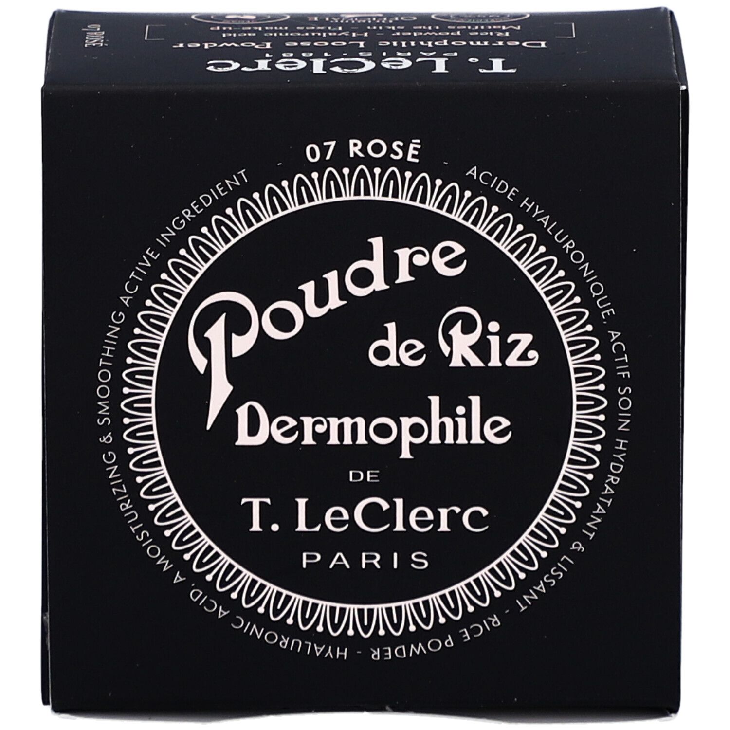 Schwarze Kosmetikbox mit Aufschrift "Poudre de Riz Dermophile" und "07 Rose".