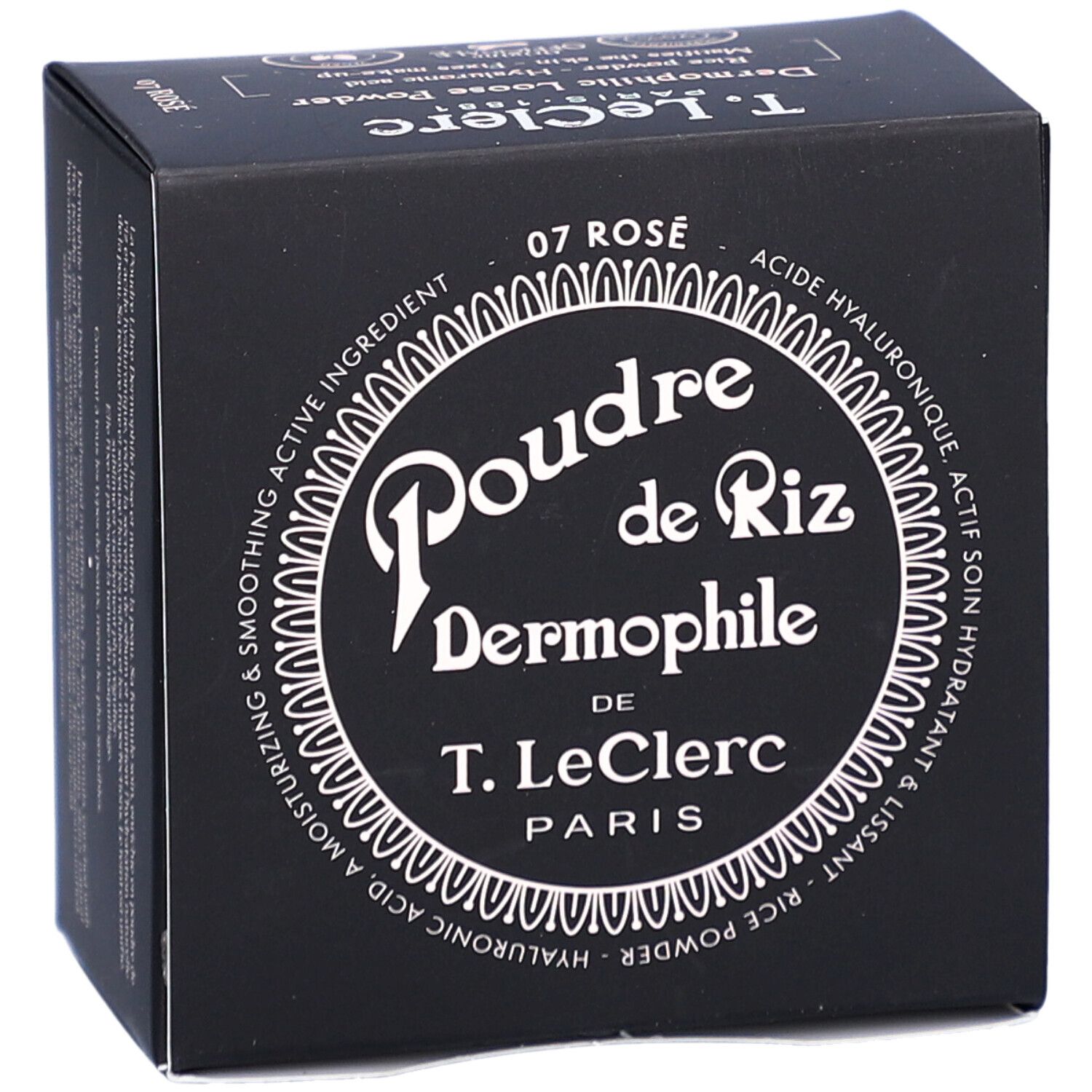 Schwarze Kosmetikbox mit Aufschrift "Poudre de Riz Dermophile" und "07 Rose".