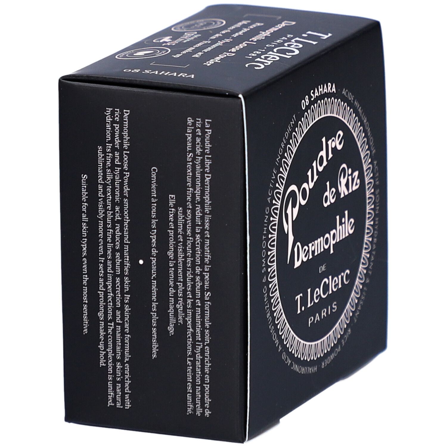 Schwarze Schachtel, Poudre de Riz Dermophile, 08 Sahara. Marke T. LeClerc Paris. Text über Inhaltsstoffe und Anwendung.
