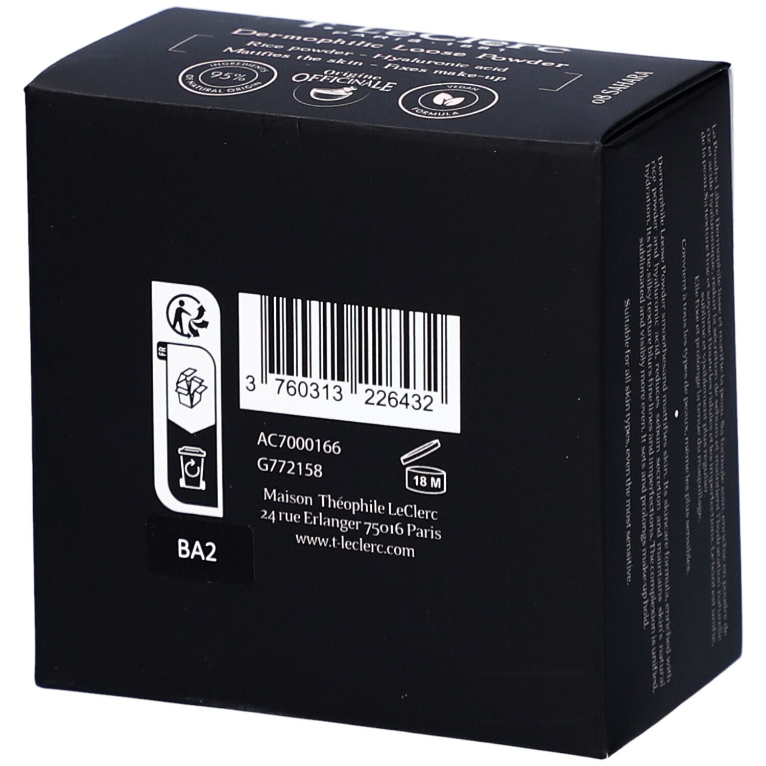 Rückseite der schwarzen Schachtel. Barcode, Adresse von Maison Théophile LeClerc, www.tleclerc.com, und Haltbarkeit.