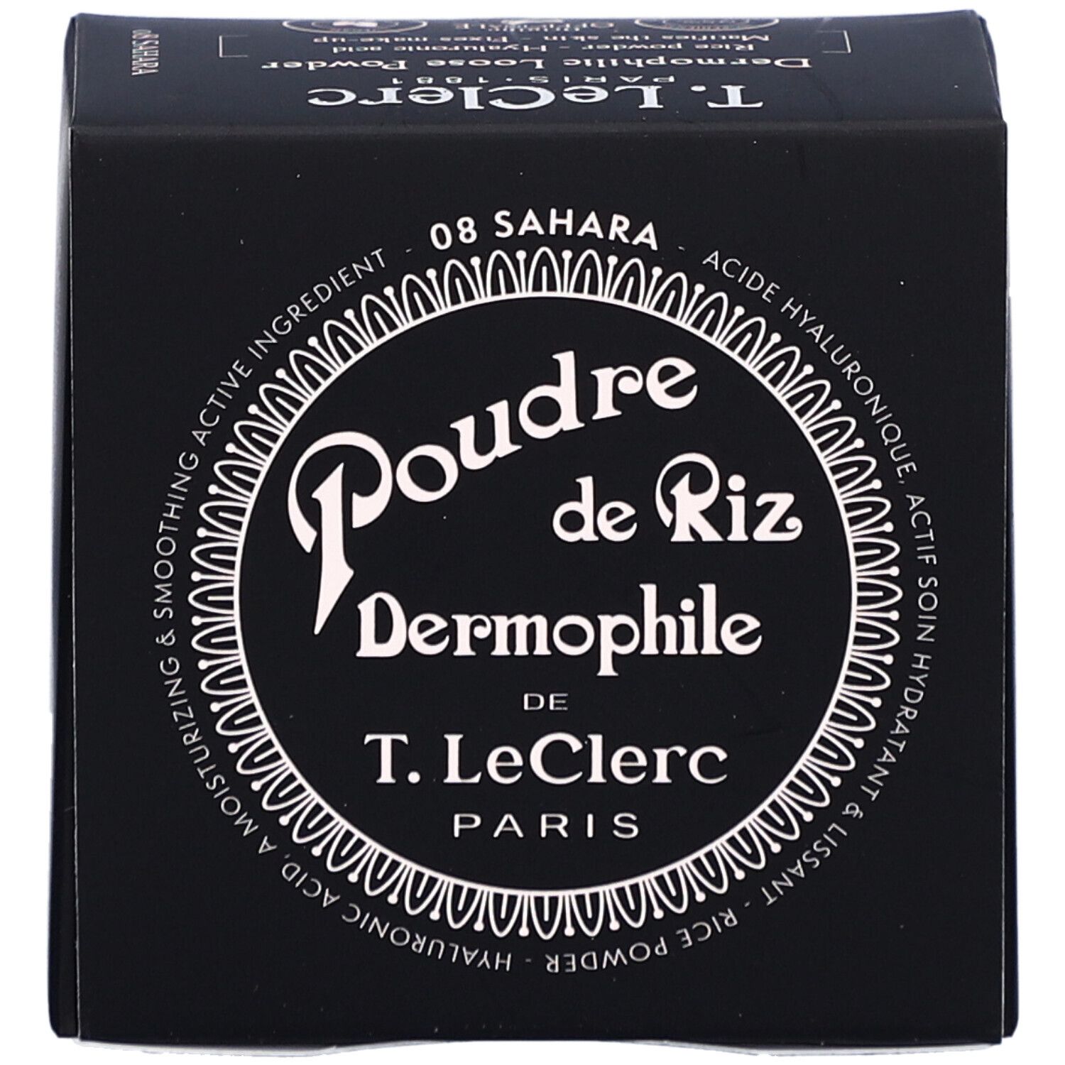 Schwarze Schachtel mit weißem Text: Poudre de Riz Dermophile, 08 Sahara. Marke T. LeClerc Paris.