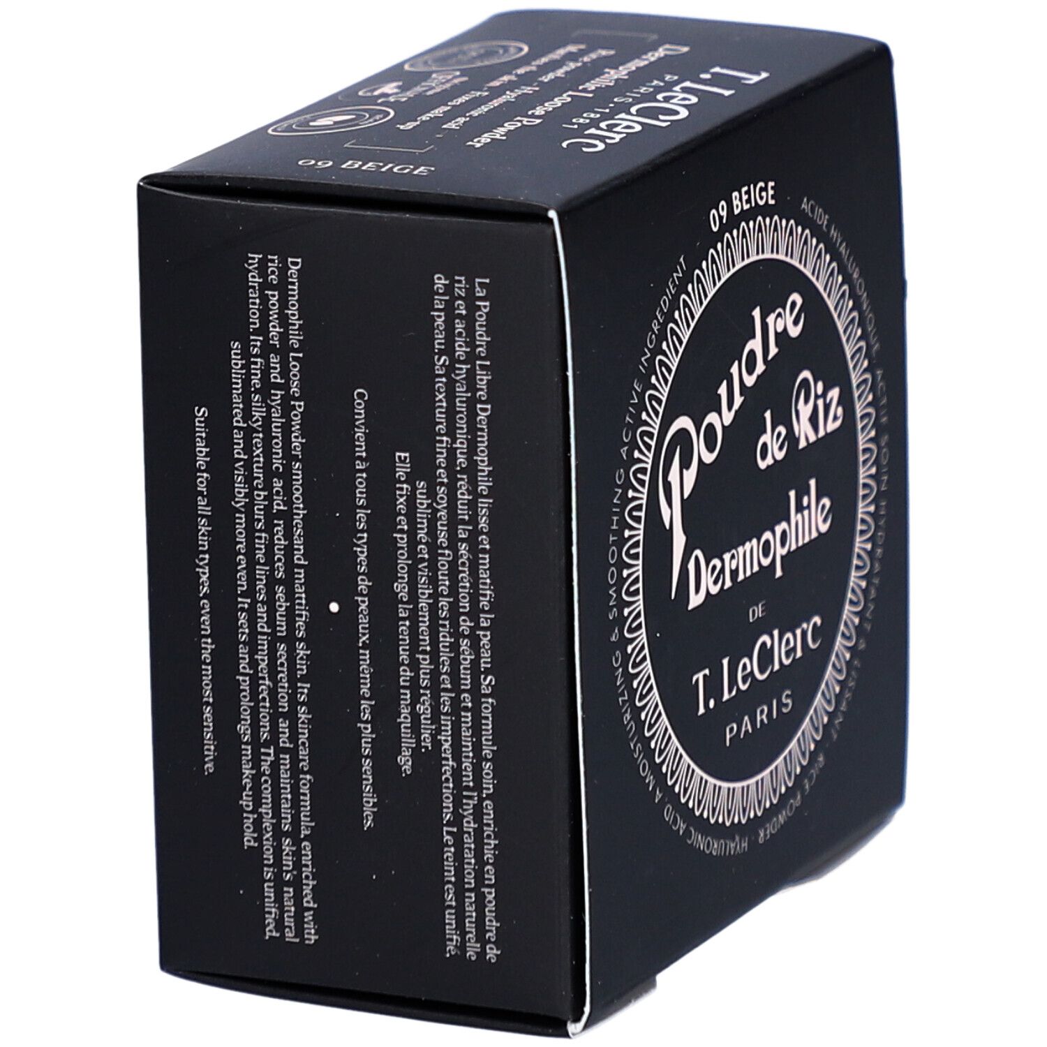 Schwarze Kosmetikbox mit Text. Aufschrift: Poudre de Riz Dermophile, 09 Beige. Winkelansicht.