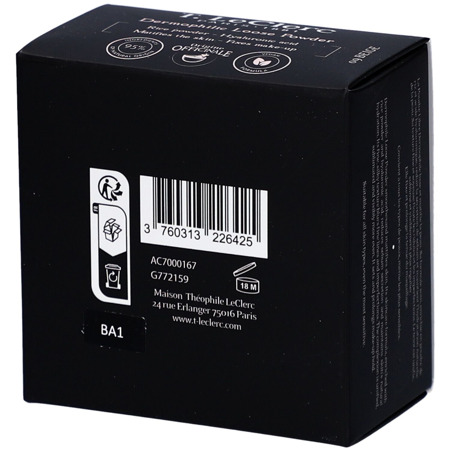 Rückseite einer schwarzen Kosmetikbox. Barcode, Text und Logos.