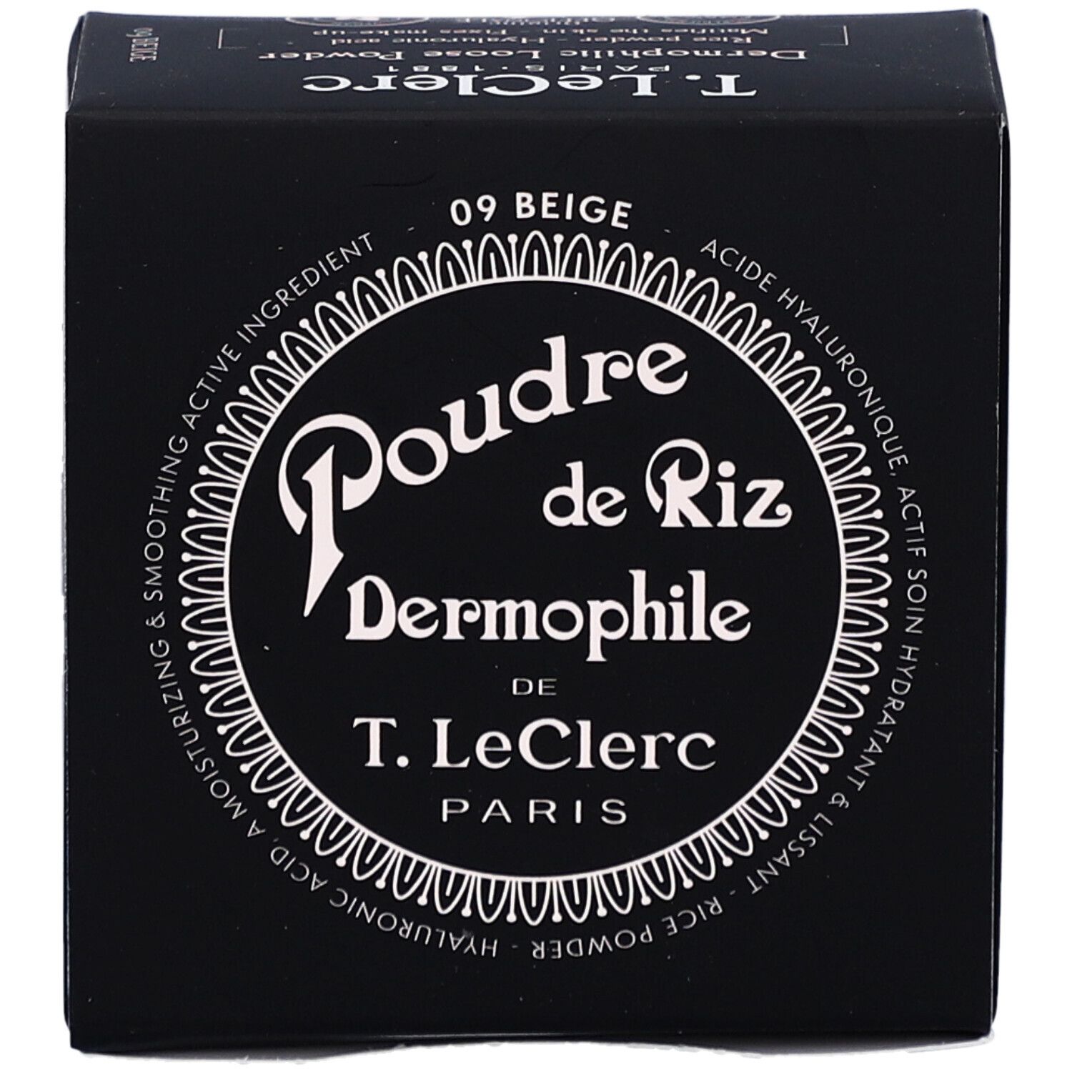Schwarze Kosmetikbox mit Aufschrift "Poudre de Riz Dermophile" und "09 Beige".