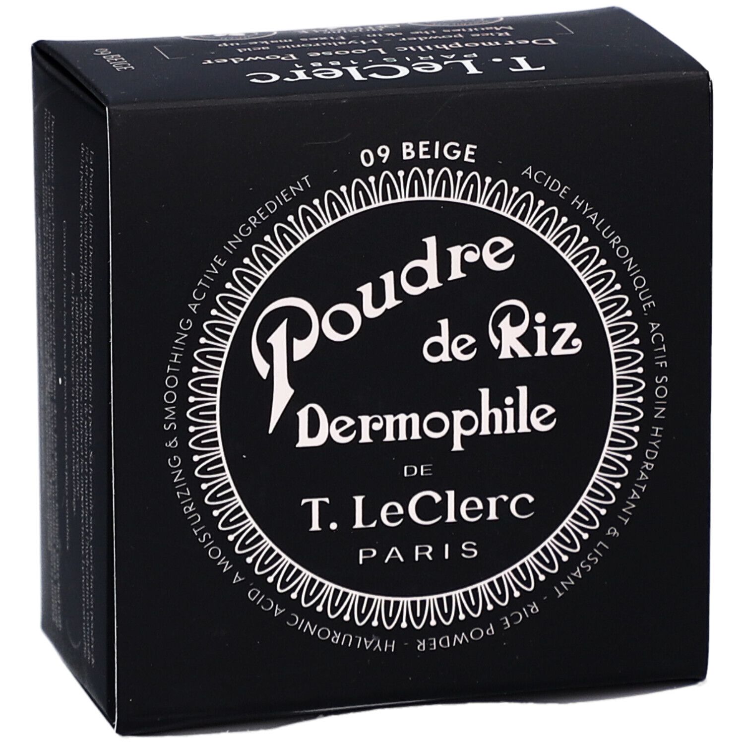 Schwarze Kosmetikbox mit Aufschrift "Poudre de Riz Dermophile" und "09 Beige".