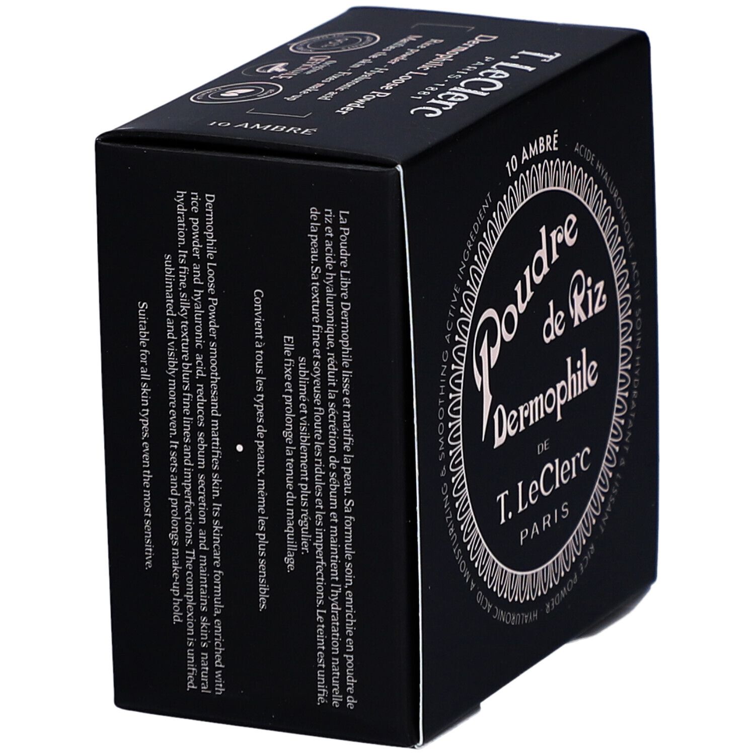 Schwarze Verpackung von T. LeClerc Poudre Libre 10 Ambre. Text: Poudre de Riz Dermophile, 10 Ambre, Hyaluronsäure. Seite mit Text.