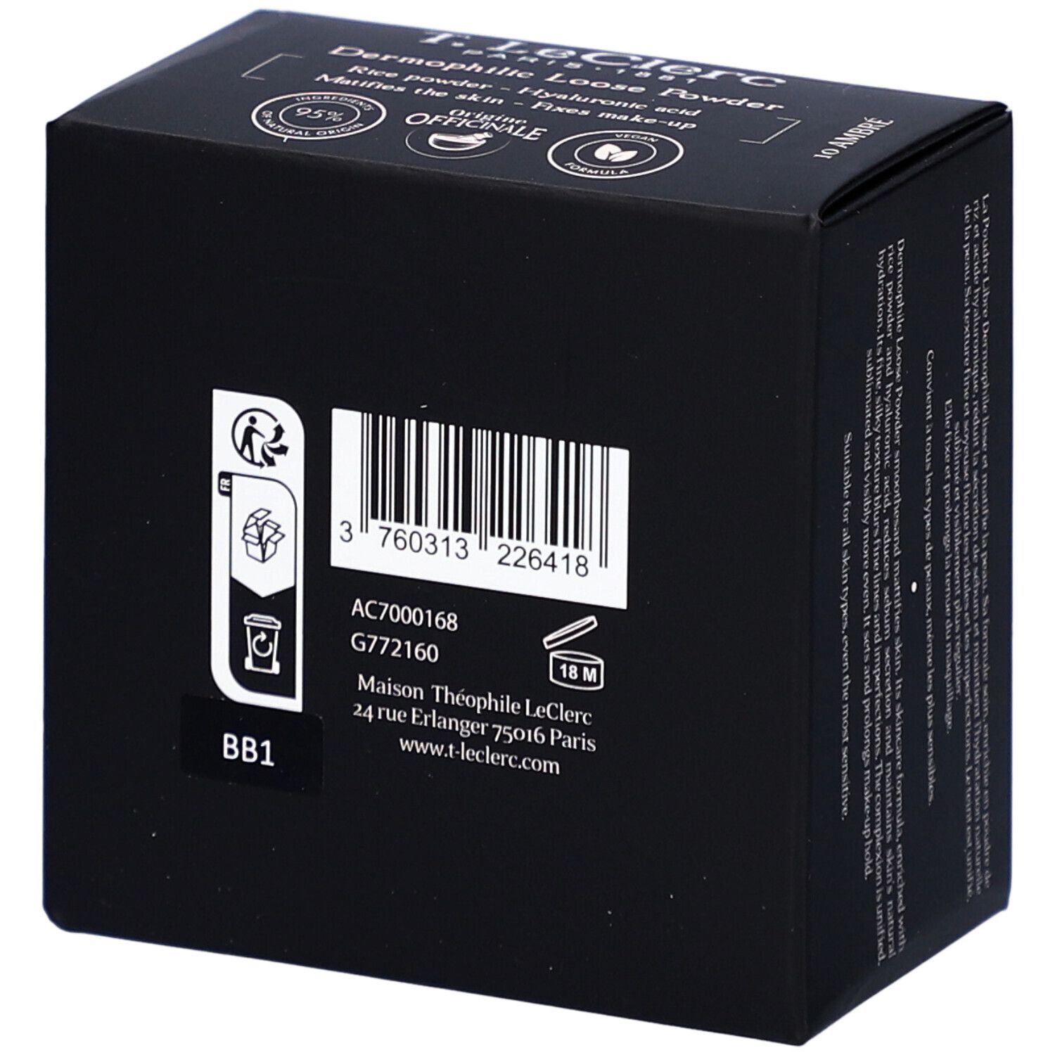 Rückseite der schwarzen Verpackung von T. LeClerc Poudre Libre 10 Ambre. Barcode, Adresse, Recycling-Symbole.