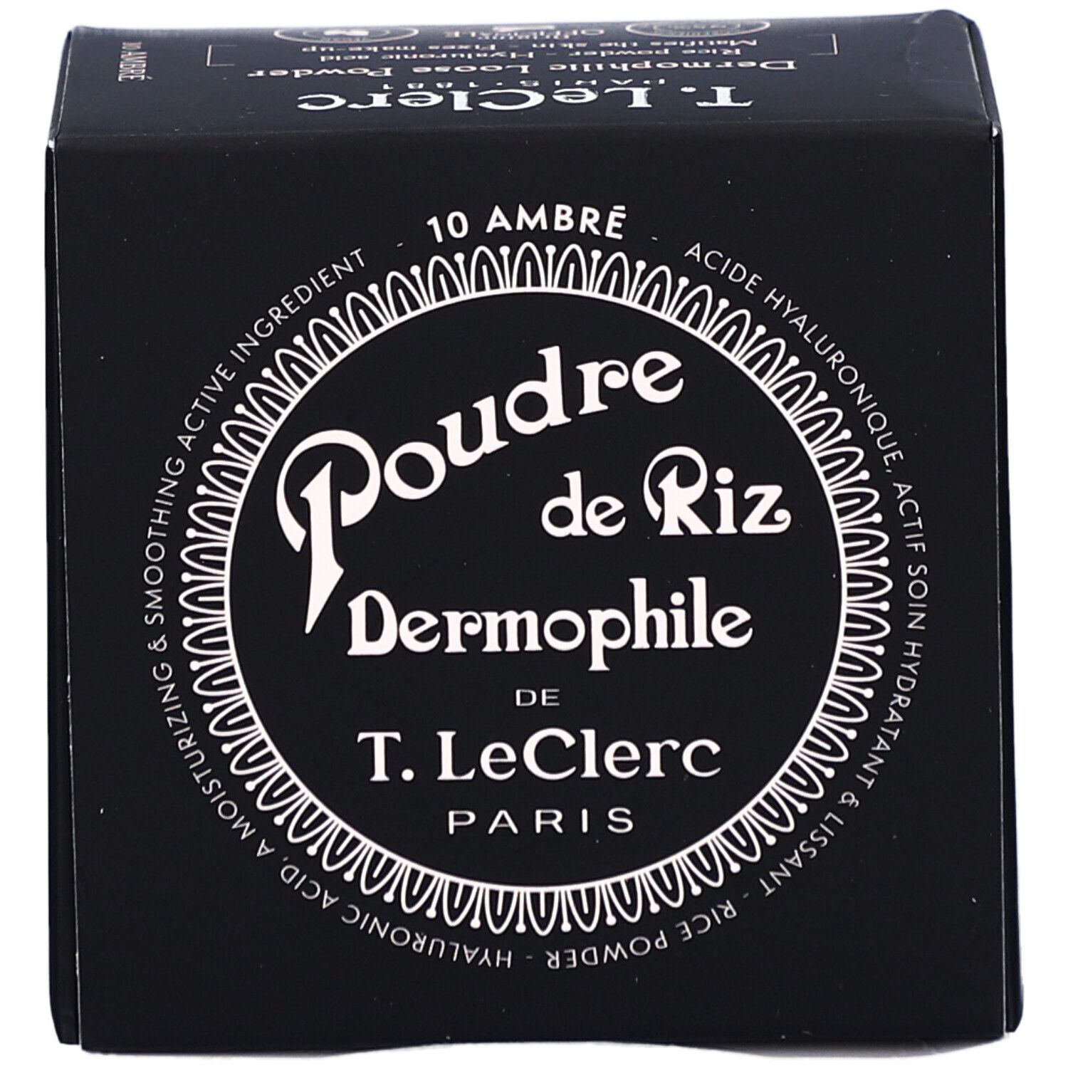 Schwarze Verpackung von T. LeClerc Poudre Libre 10 Ambre. Text: Poudre de Riz Dermophile, 10 Ambre, Hyaluronsäure.