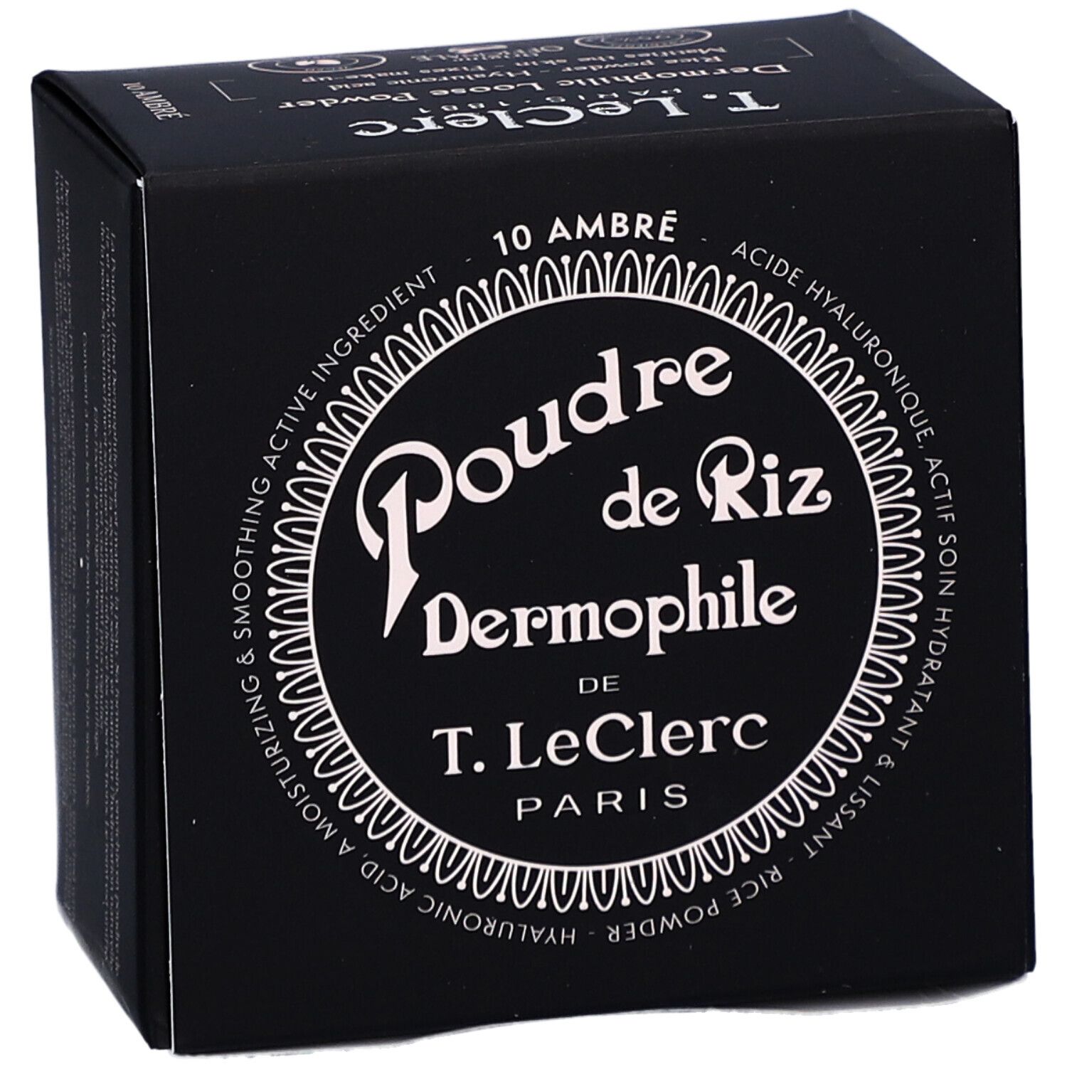 Schwarze Verpackung von T. LeClerc Poudre Libre 10 Ambre. Text: Poudre de Riz Dermophile, 10 Ambre, Hyaluronsäure.