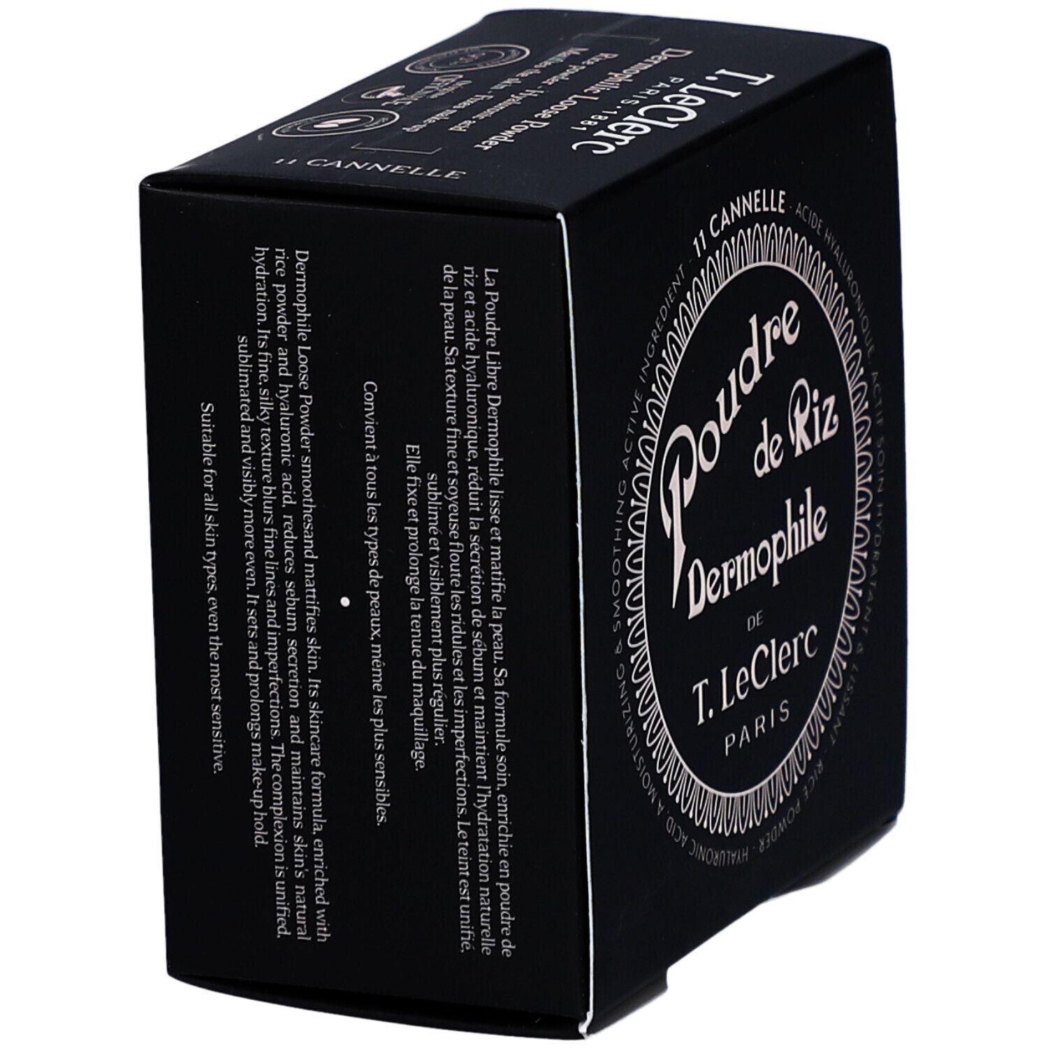 Schwarze Verpackung, schräg gestellt. Aufschrift: Poudre de Riz Dermophile de T. LeClerc Paris. Produktname und Marke sichtbar.
