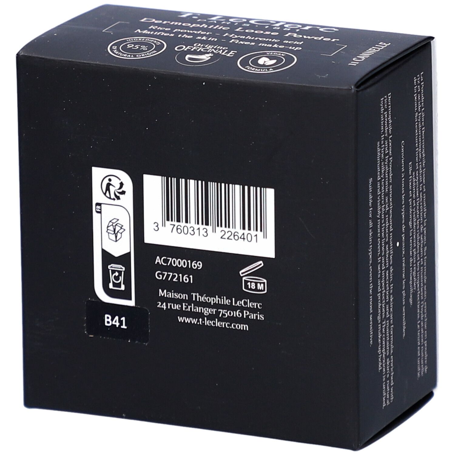 Rückseite der schwarzen Verpackung. Barcode, Produktinformationen und Herstelleradresse sind sichtbar.