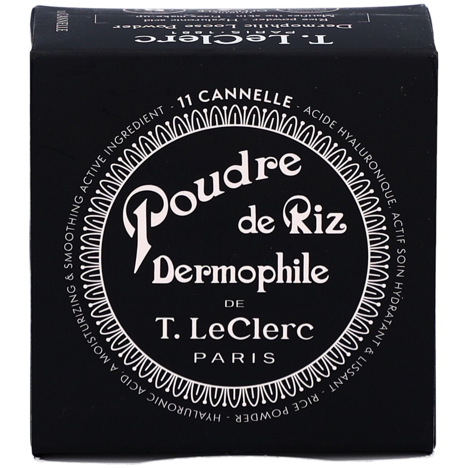 Schwarze Verpackung mit weißem Logo. Aufschrift: Poudre de Riz Dermophile de T. LeClerc Paris. Produktname und Marke deutlich sichtbar.